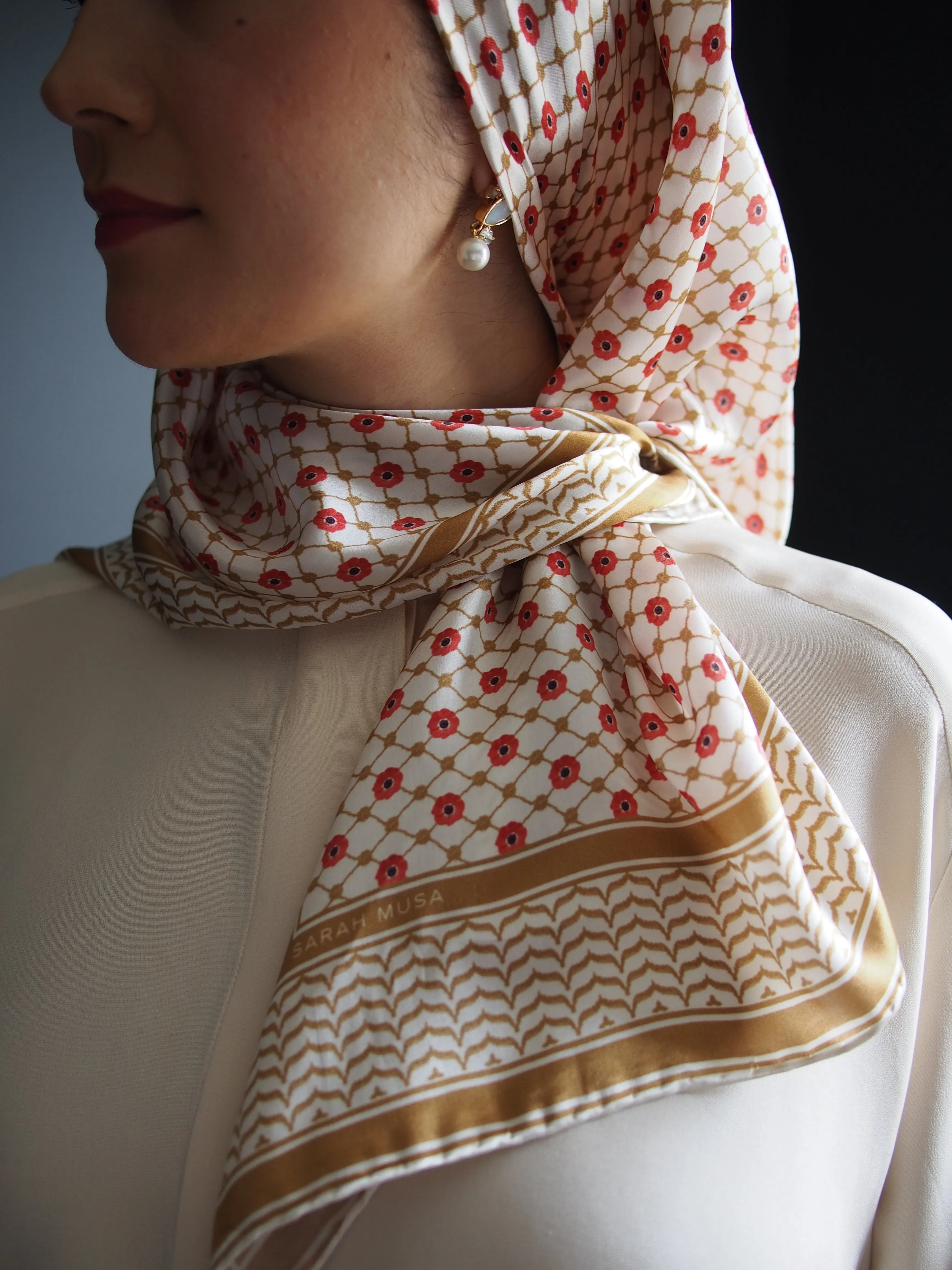 100% Silk Palestine Poppyseed Kefiyyah Scarf (Gold) 35"x35"