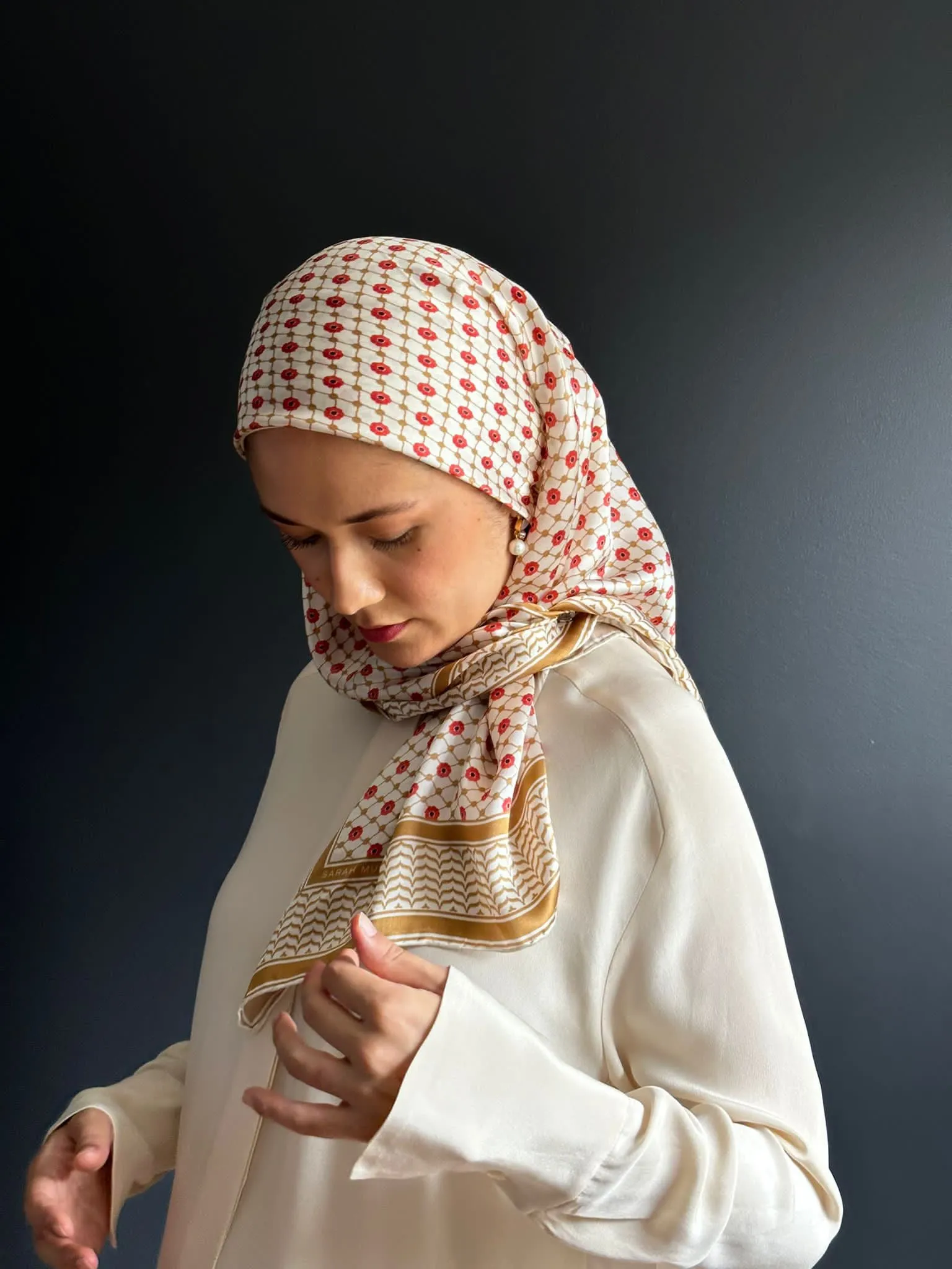 100% Silk Palestine Poppyseed Kefiyyah Scarf (Gold) 35"x35"