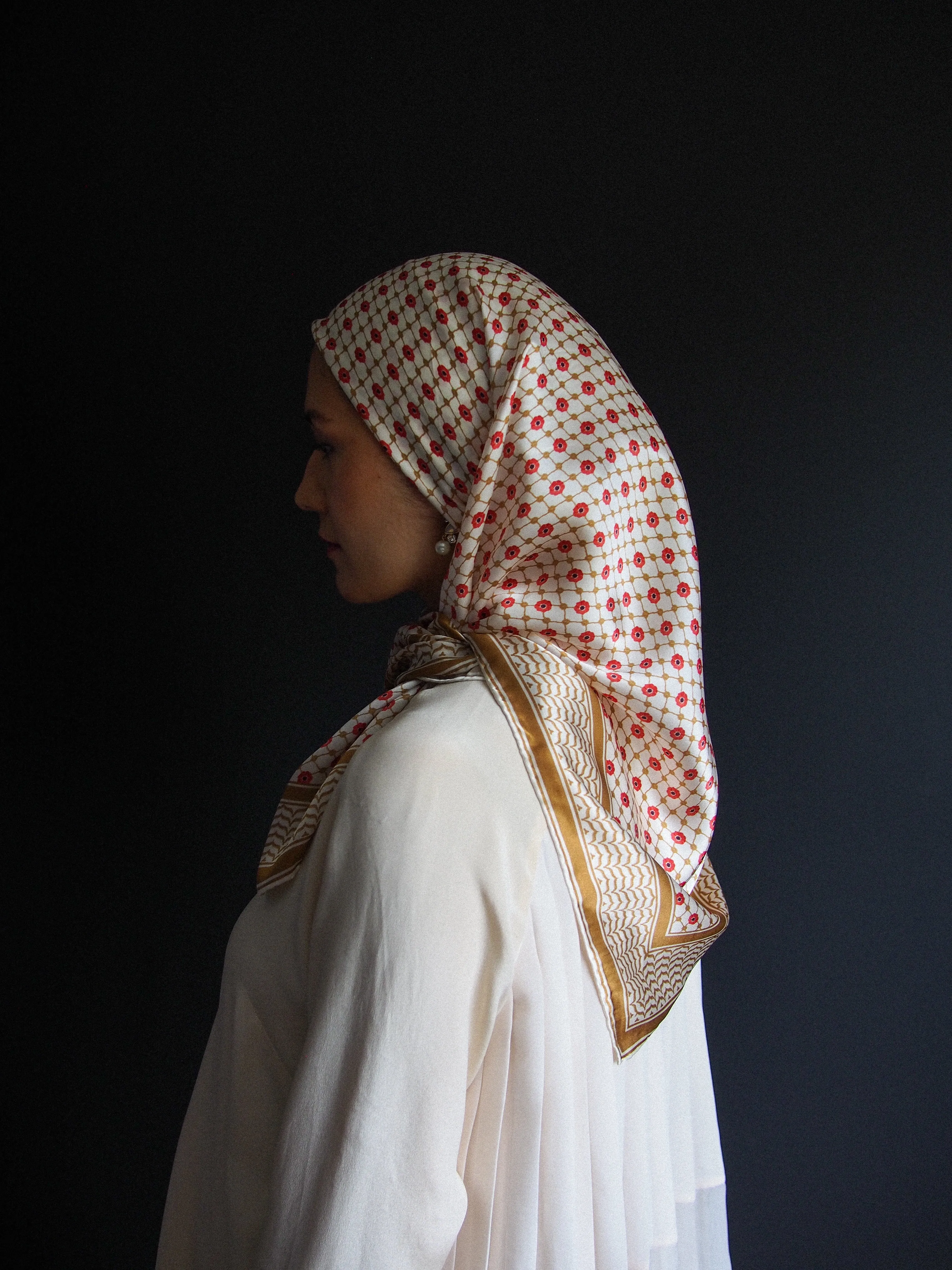 100% Silk Palestine Poppyseed Kefiyyah Scarf (Gold) 35"x35"