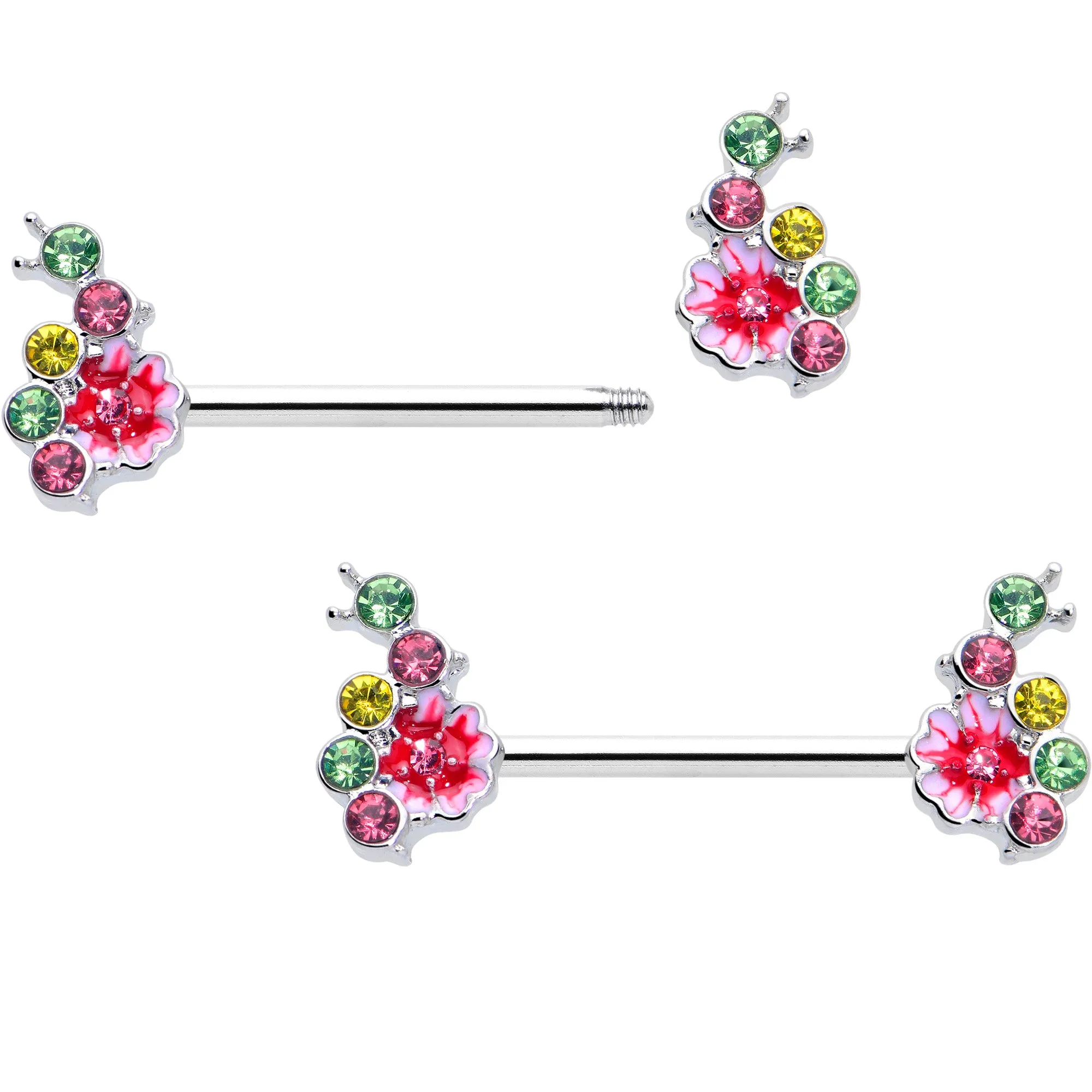 14 Gauge 9/16 Green Pink Gem Caterpillar Flower Barbell Nipple Ring Set