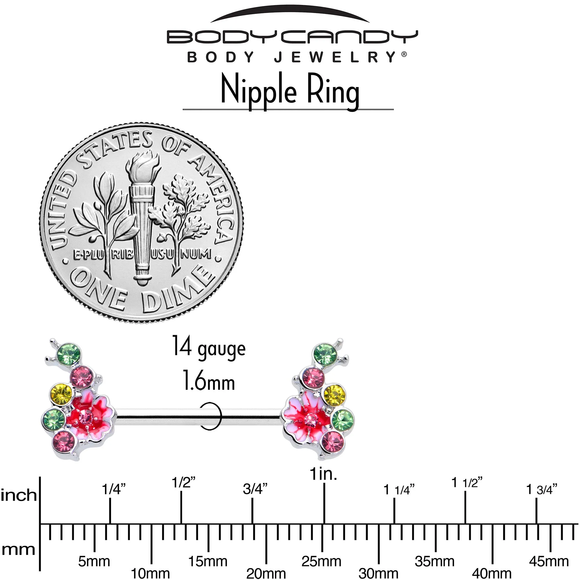 14 Gauge 9/16 Green Pink Gem Caterpillar Flower Barbell Nipple Ring Set