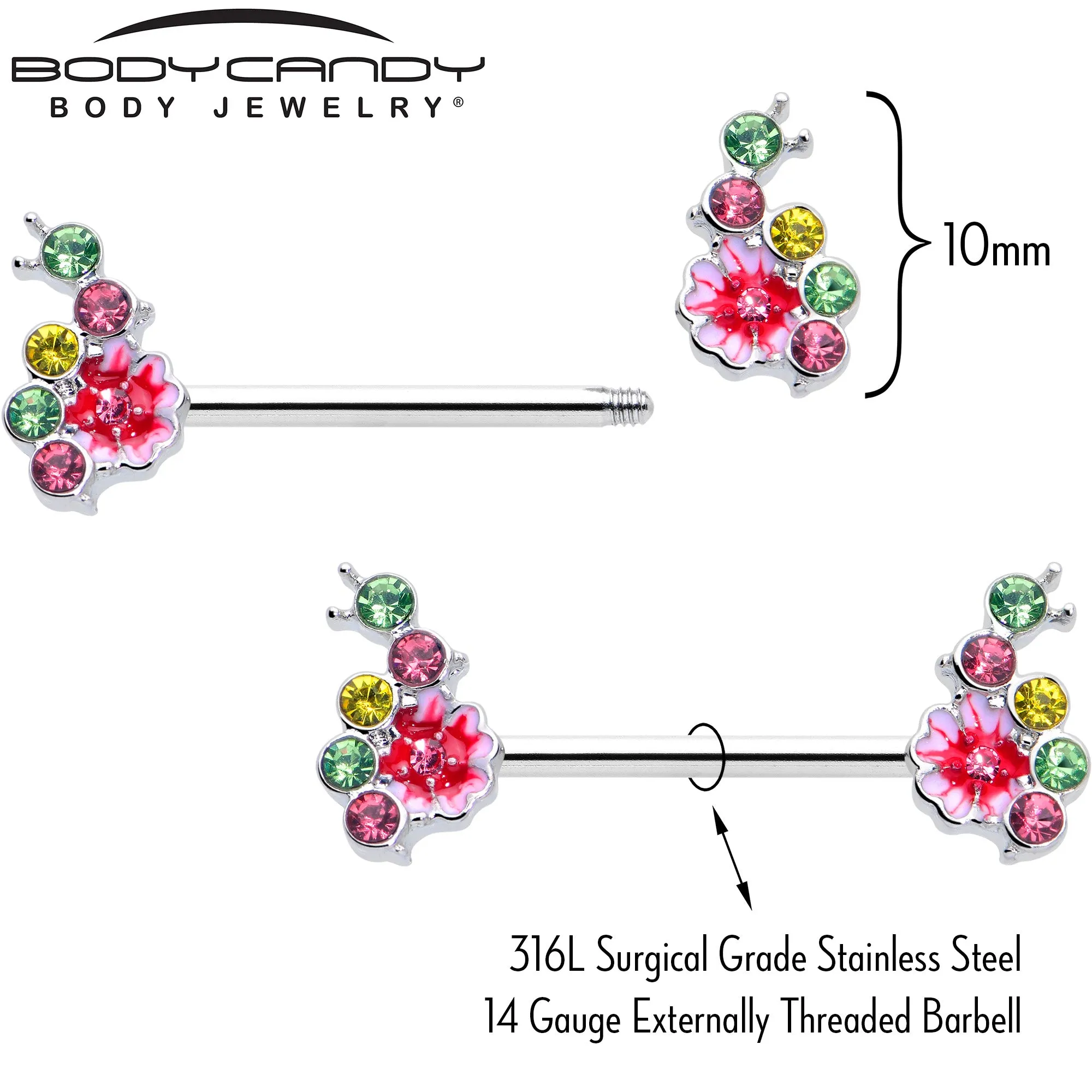 14 Gauge 9/16 Green Pink Gem Caterpillar Flower Barbell Nipple Ring Set