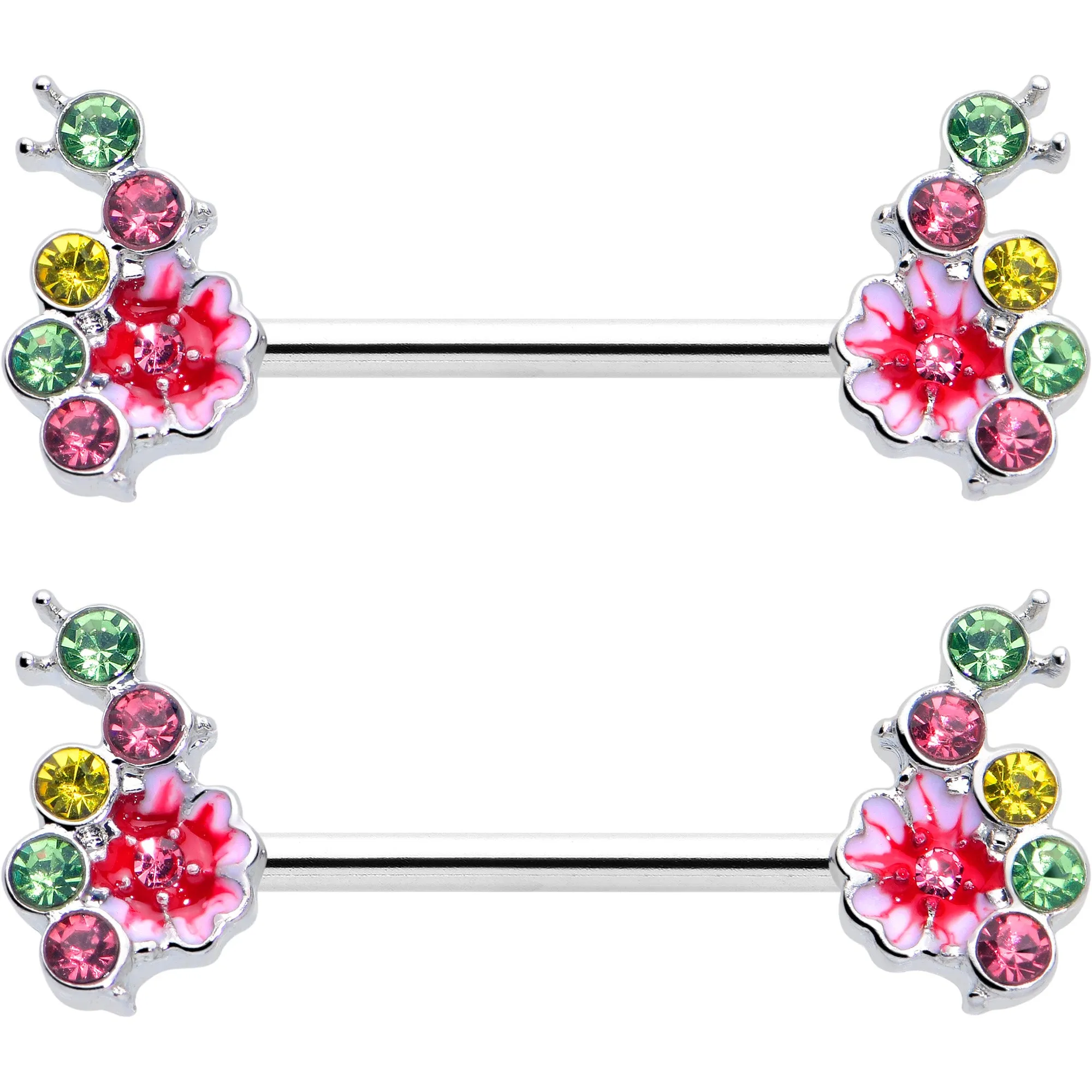 14 Gauge 9/16 Green Pink Gem Caterpillar Flower Barbell Nipple Ring Set