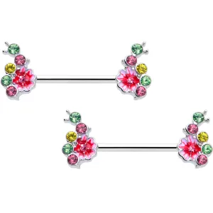 14 Gauge 9/16 Green Pink Gem Caterpillar Flower Barbell Nipple Ring Set