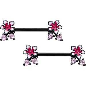 14 Gauge 9/16 Pink Gem Black Fanciful Flower Barbell Nipple Ring Set