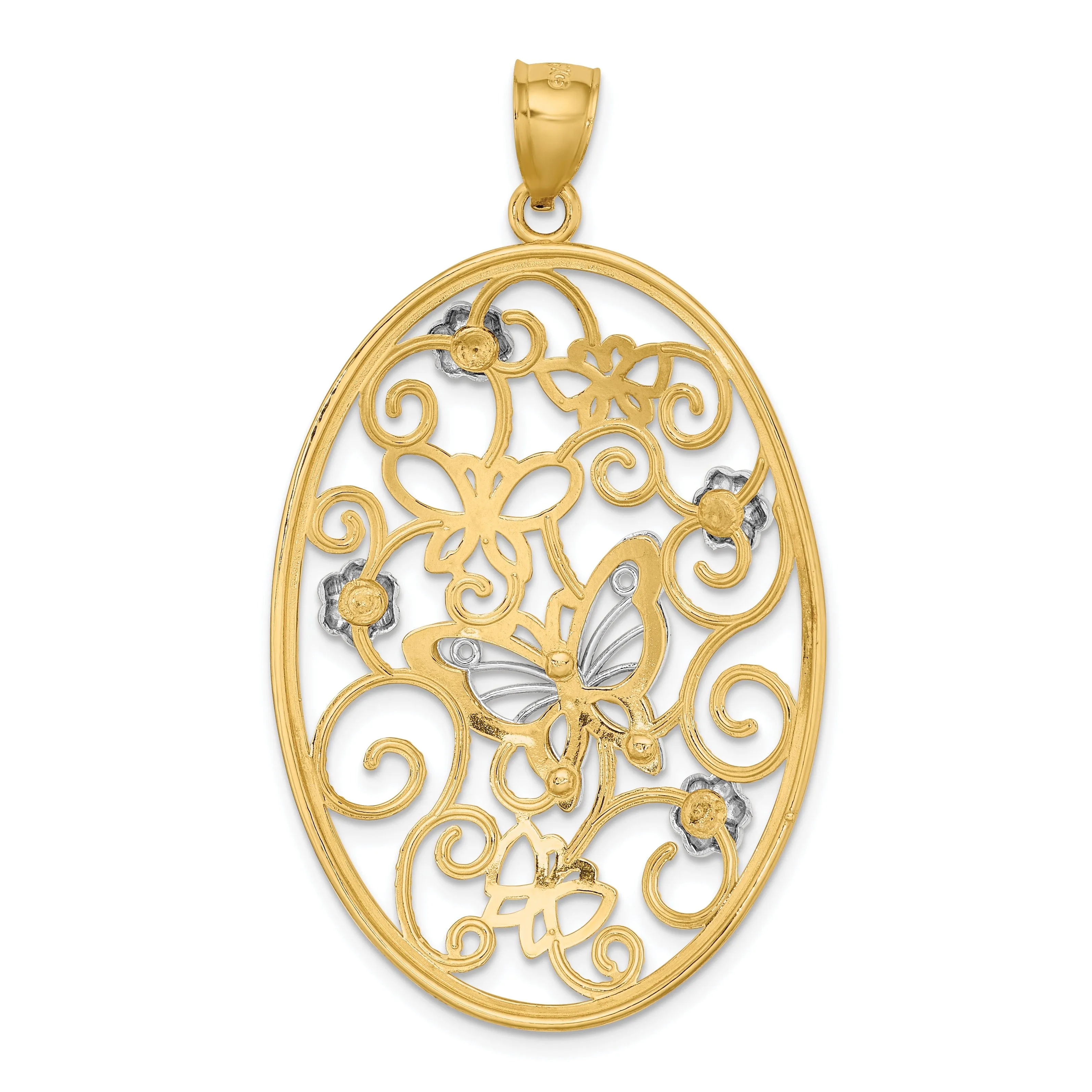 14k Two-Tone Gold Open Back Solid Textured Polished Finish Butterfly and Flowers in Oval Frame Charm Pendant
