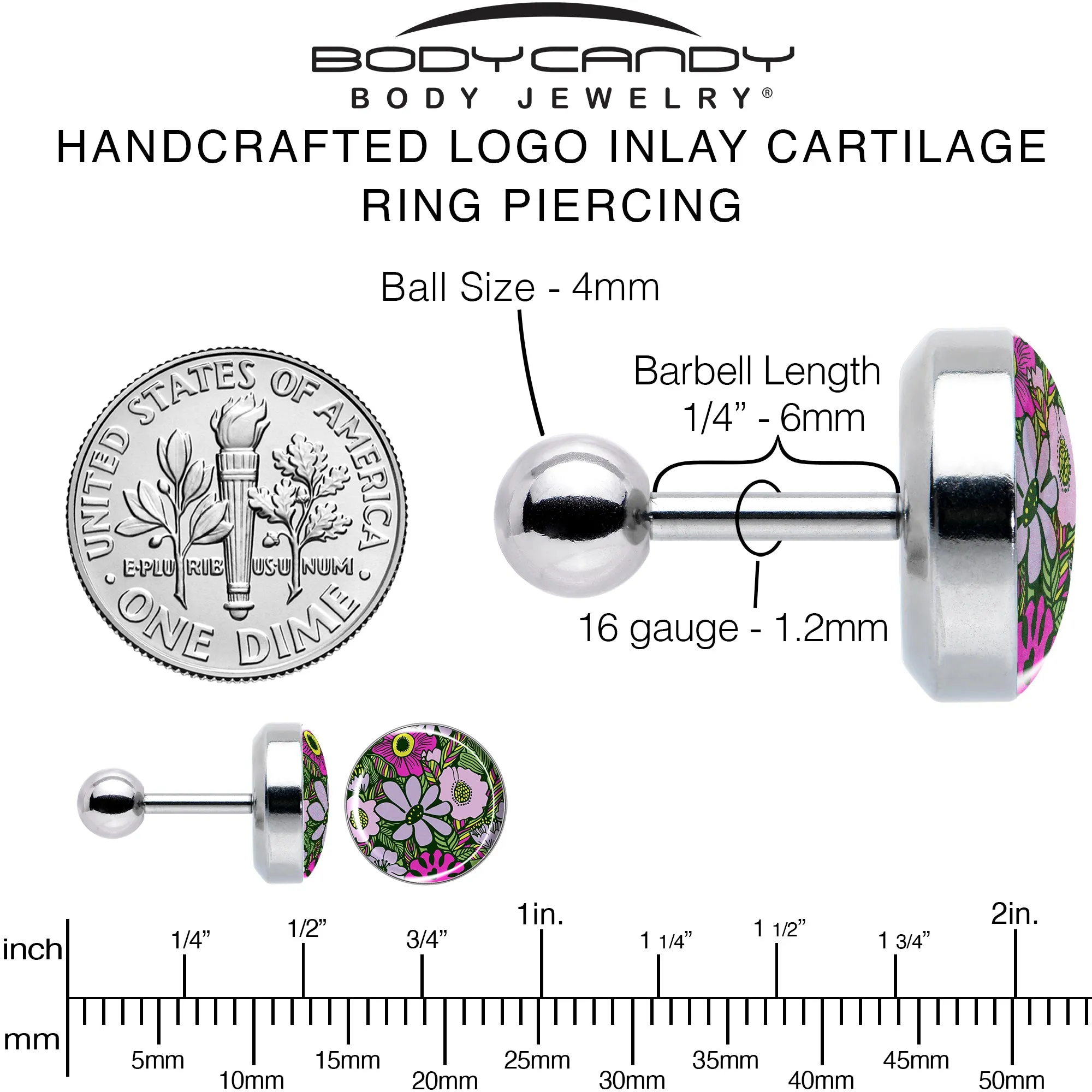 16 Gauge 1/4 Blossom Creation Paradise of Pink Flowers Cartilage Earring