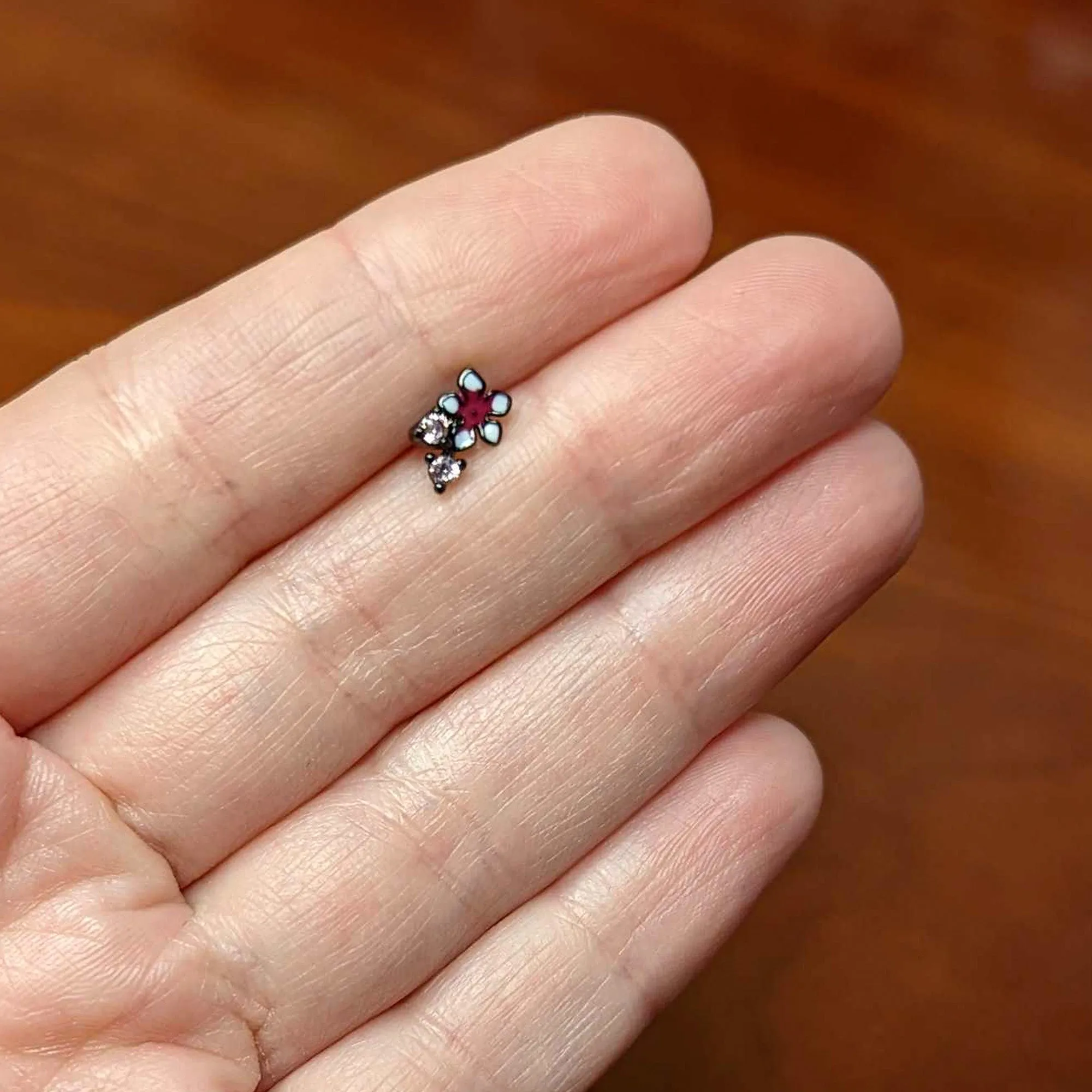 16 Gauge 1/4 Pink Gem Black Fanciful Flower Labret Monroe Tragus