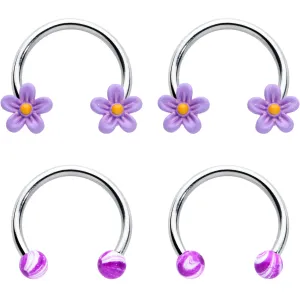 16 Gauge 3/8 Purple Ball Flowers Horseshoe Circular Barbell Set of 4