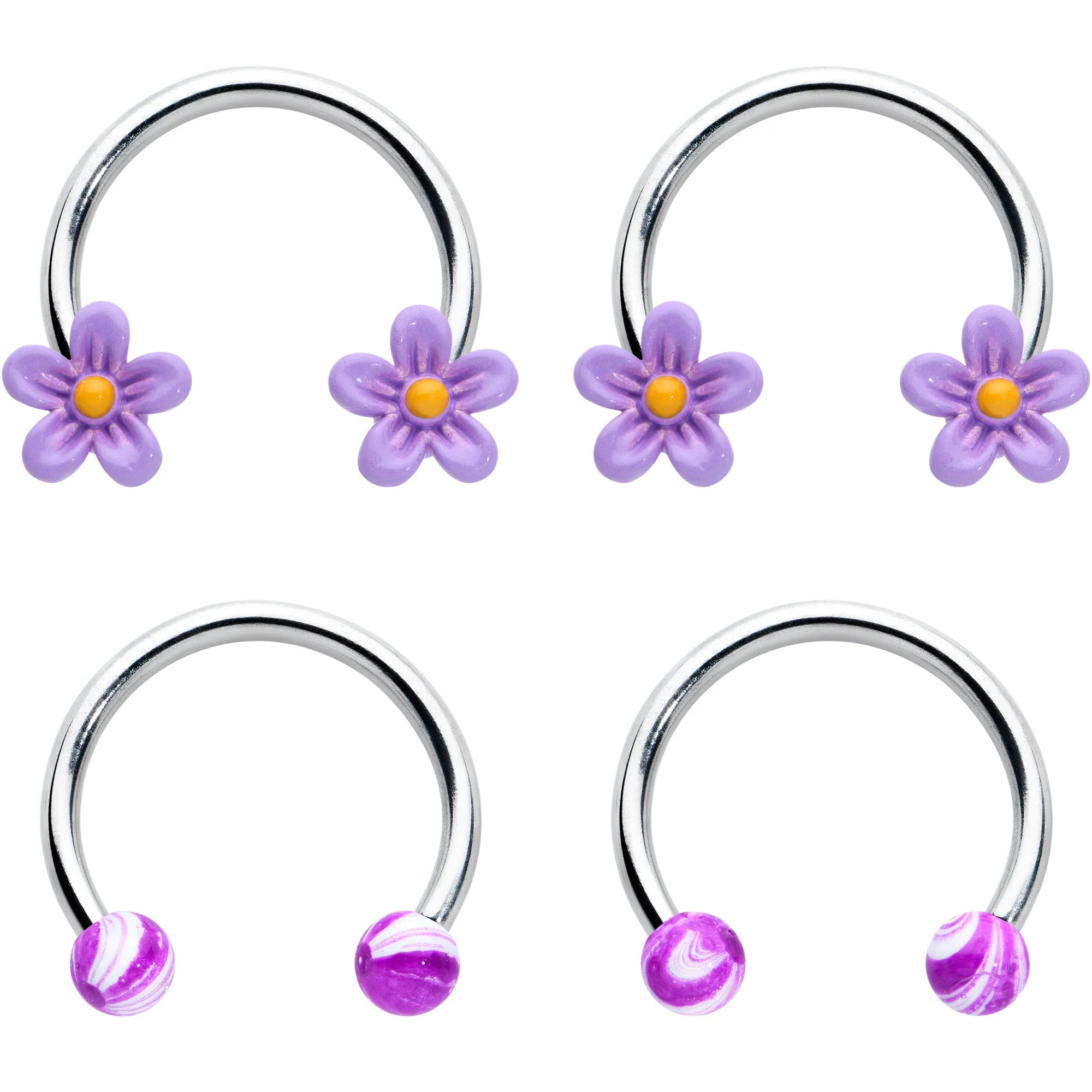 16 Gauge 3/8 Purple Ball Flowers Horseshoe Circular Barbell Set of 4