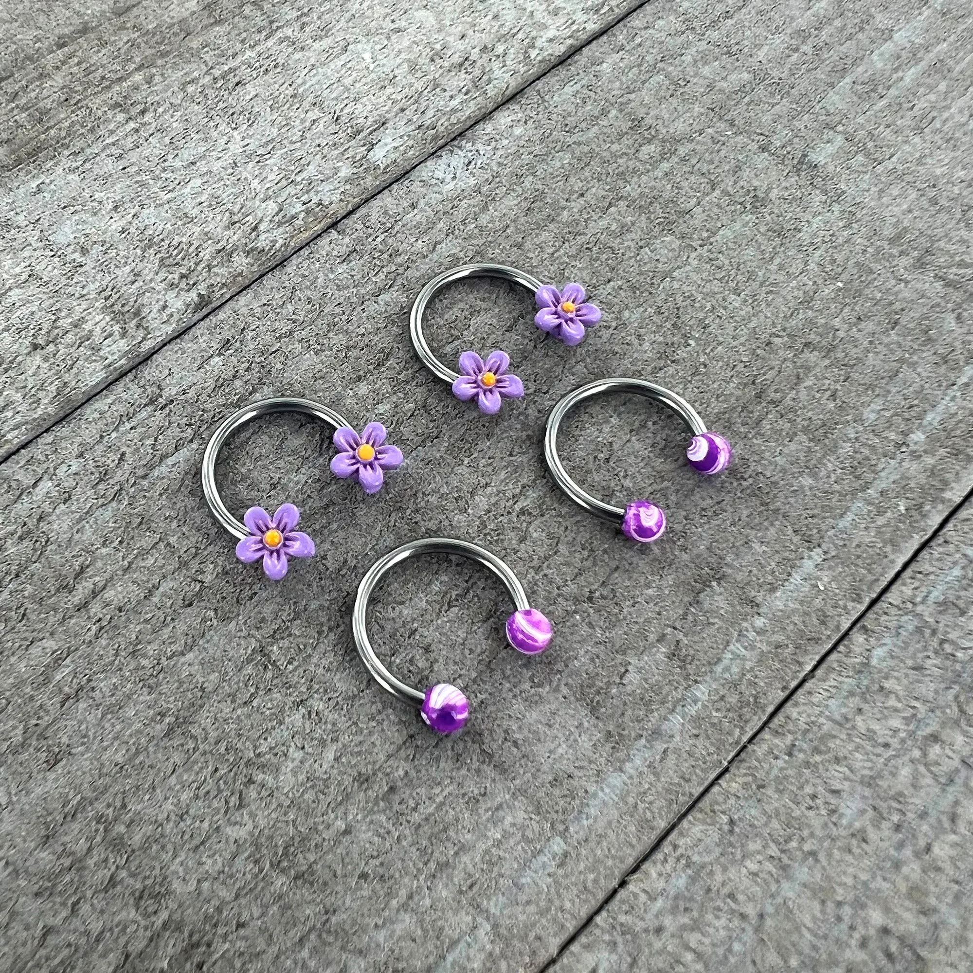 16 Gauge 3/8 Purple Ball Flowers Horseshoe Circular Barbell Set of 4