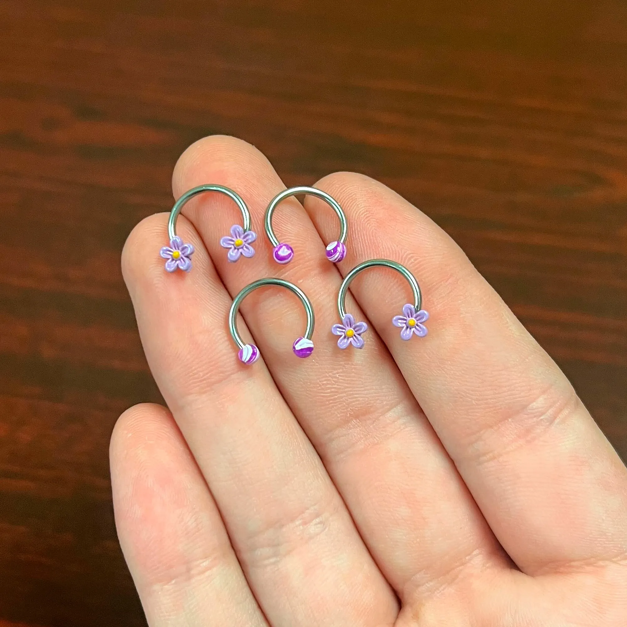 16 Gauge 3/8 Purple Ball Flowers Horseshoe Circular Barbell Set of 4