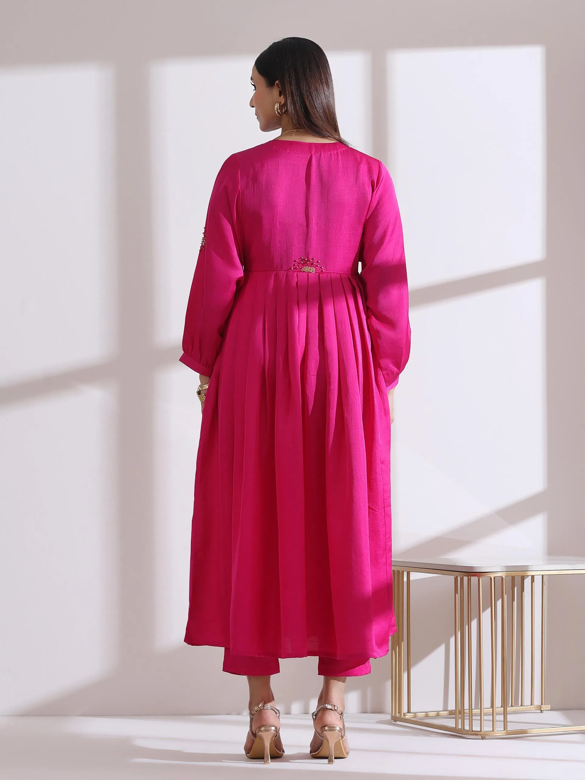 2 Pc Set - Prf'T Lux Fuchsia Kurta With Flowers In Beads And Pants
