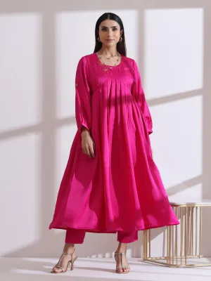 2 Pc Set - Prf'T Lux Fuchsia Kurta With Flowers In Beads And Pants