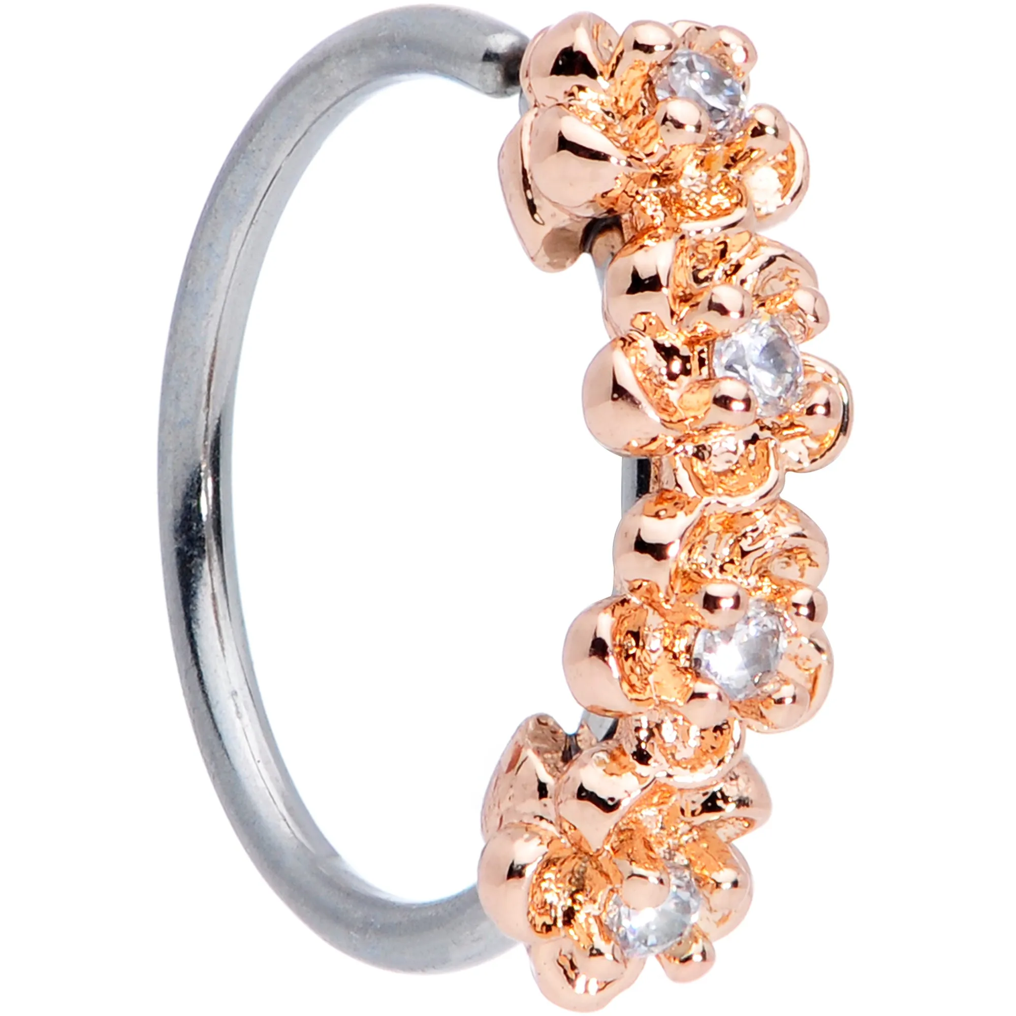 20 Gauge 5/16 Clear CZ Gem Rose Gold Tone Flowers Nose Hoop
