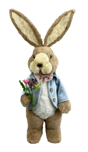 23"H Furry Bunny w/ Sisal Accents, Blue Jacket & Flowers - 63360BOY