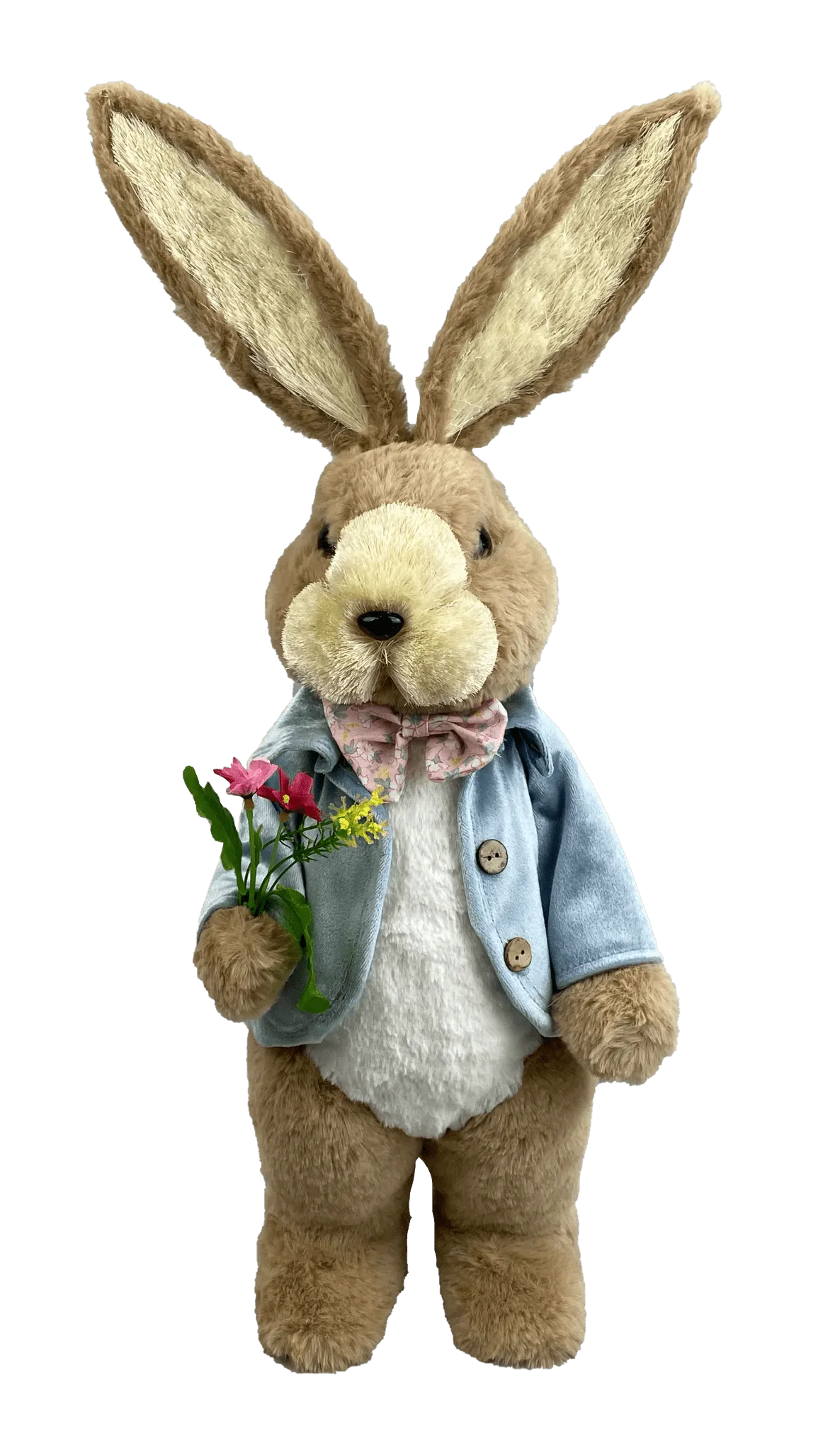23"H Furry Bunny w/ Sisal Accents, Blue Jacket & Flowers - 63360BOY
