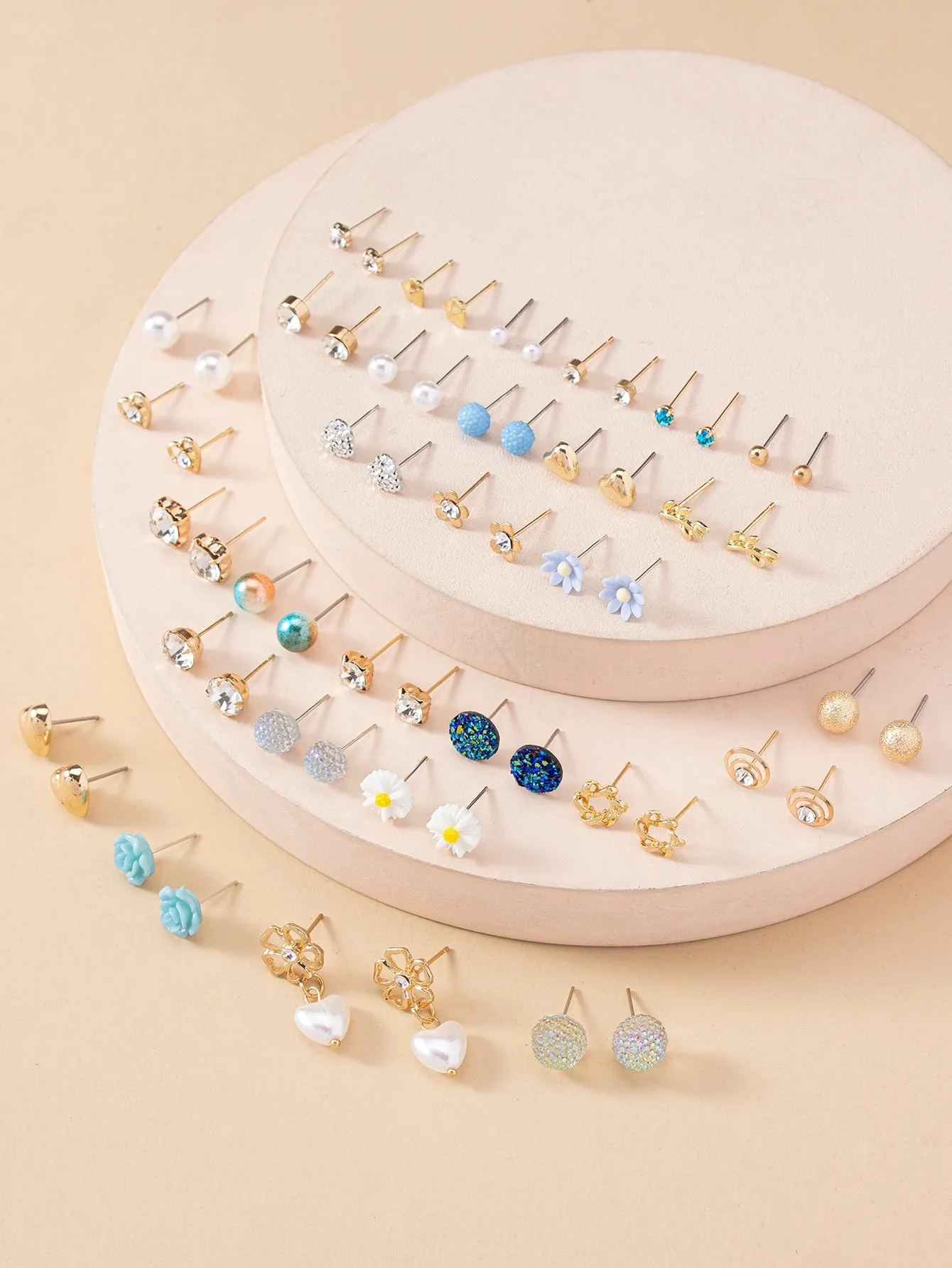 30pairs Rhinestone & Faux Pearl Decor Stud Earrings - Multicolor