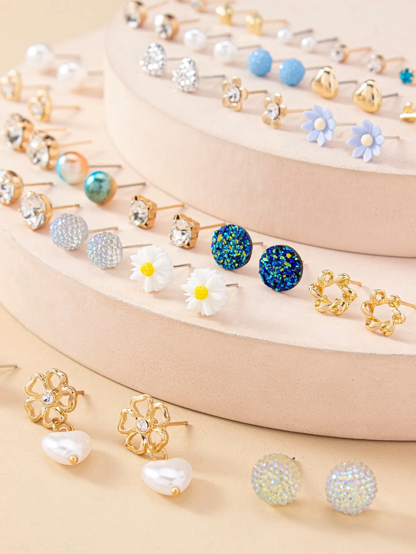 30pairs Rhinestone & Faux Pearl Decor Stud Earrings - Multicolor