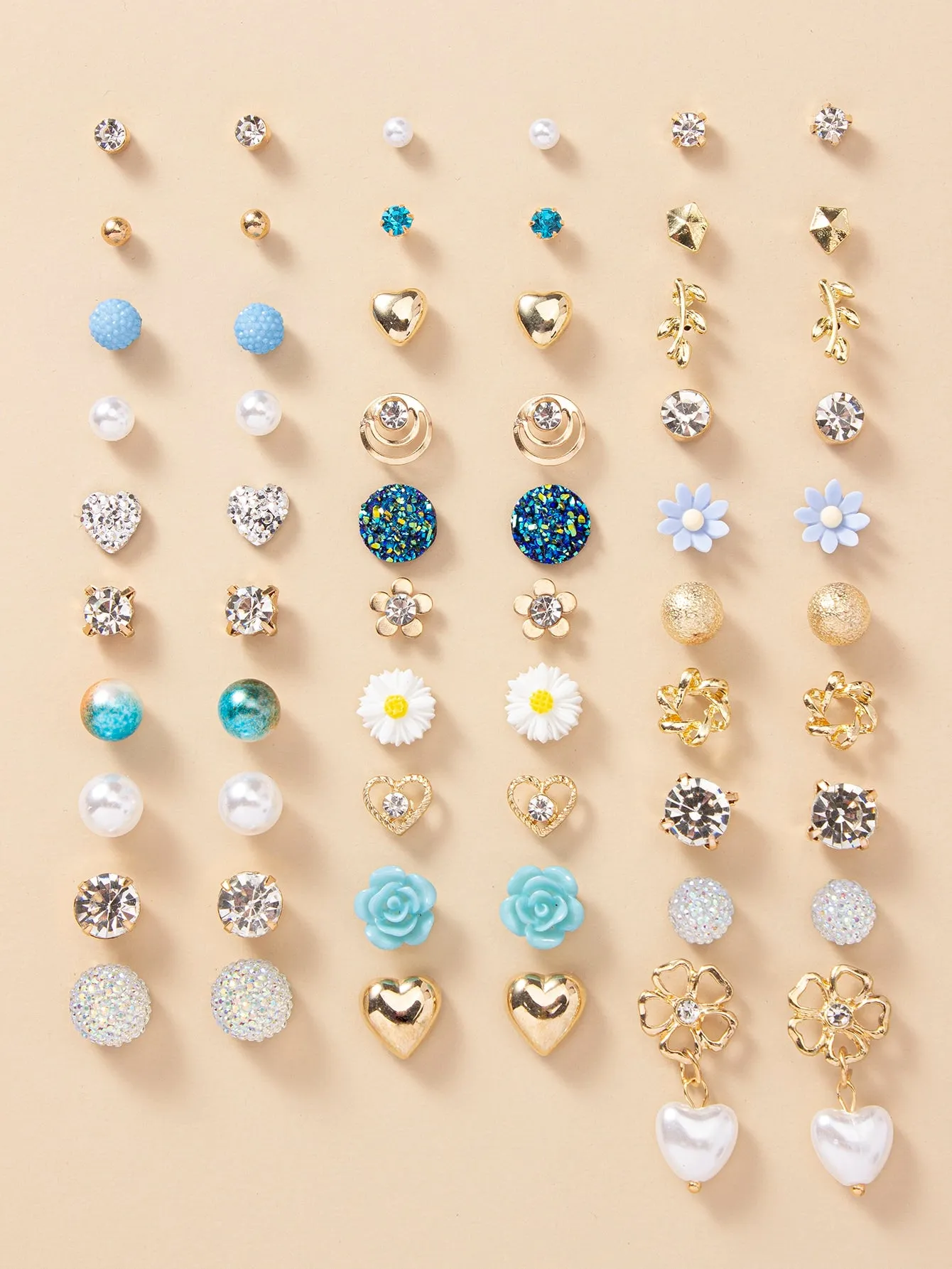 30pairs Rhinestone & Faux Pearl Decor Stud Earrings - Multicolor