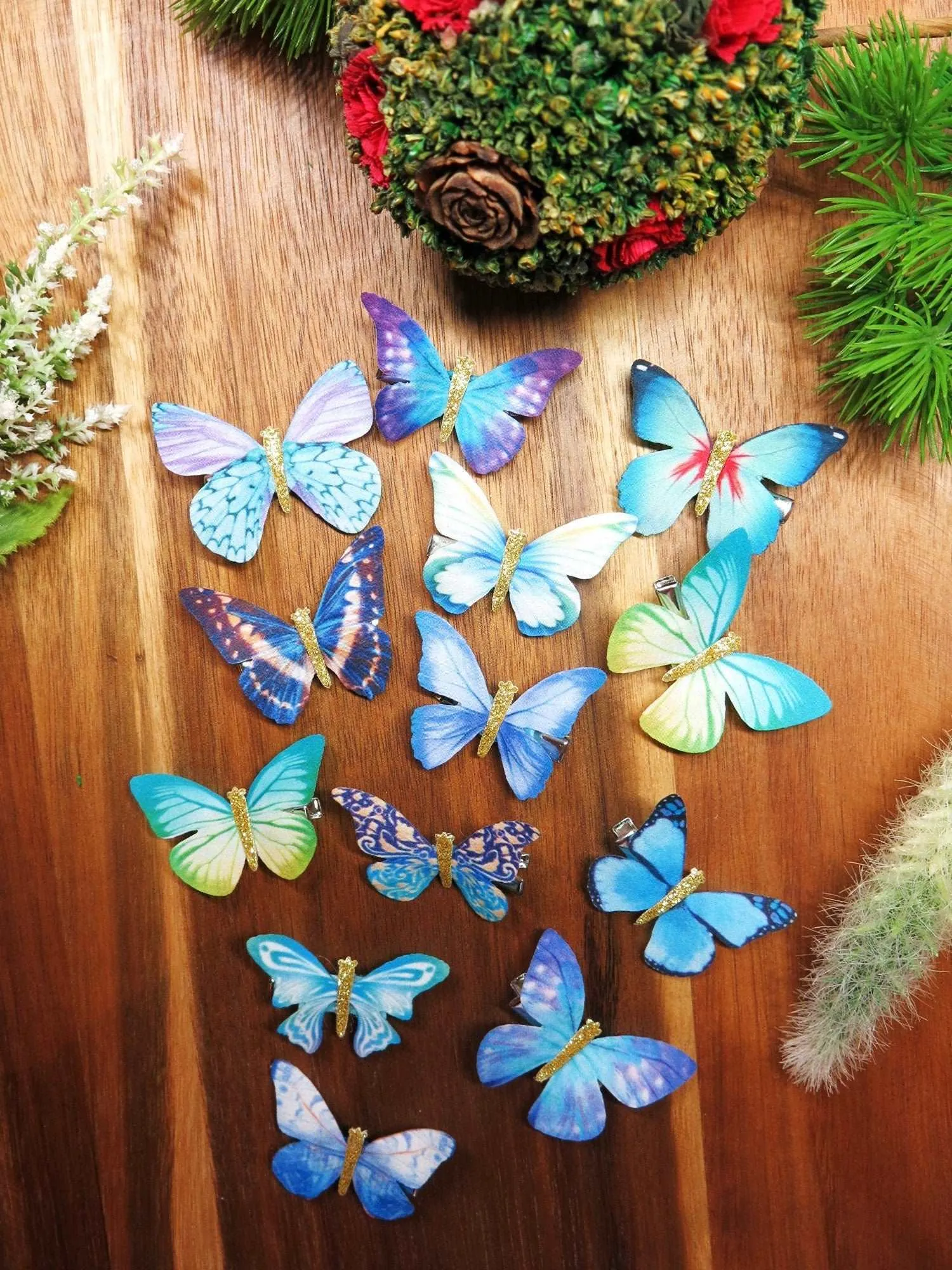 6 PC Silk Butterfly Hair Clip Set, Realistic Butterfly Fantasy Hairclips, Bridesmaid or Prom Party Butterfly Hairclip Set