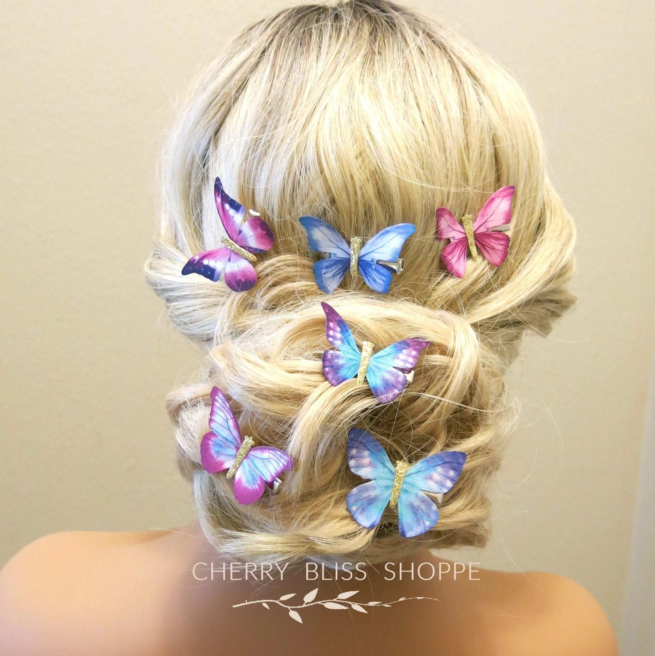 6 PC Silk Butterfly Hair Clip Set, Realistic Butterfly Fantasy Hairclips, Bridesmaid or Prom Party Butterfly Hairclip Set