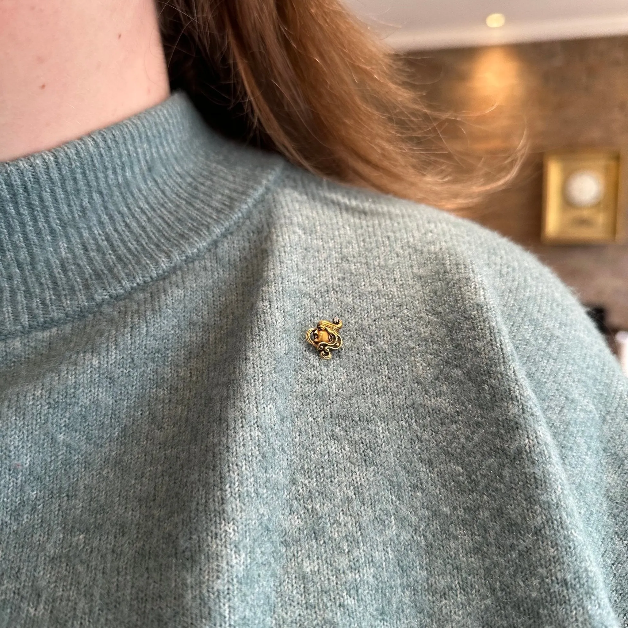 Art Nouveau 14K Yellow Gold Lady and Diamond Stick Pin