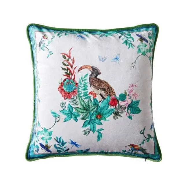 Birds of Floral Paradise Printed Velvet Cushion Cover