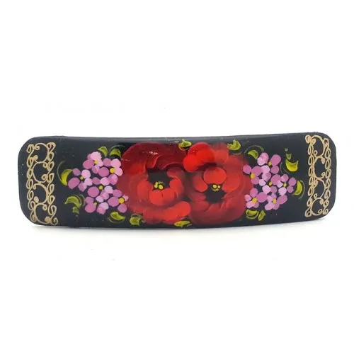 Black Rectangular Hair Clip with Flowers