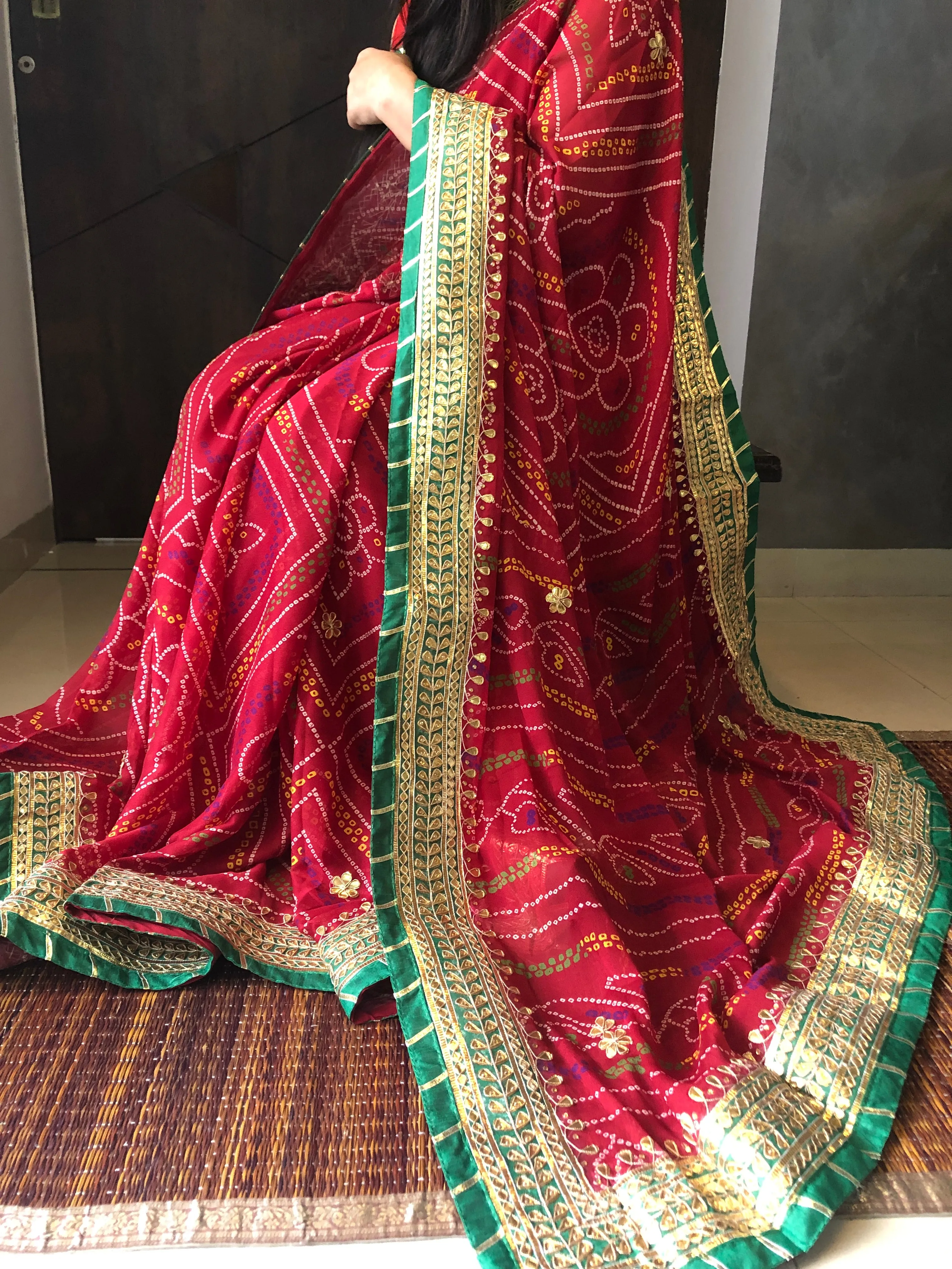 Bride Red Bandhej Gota Patti Saree for events