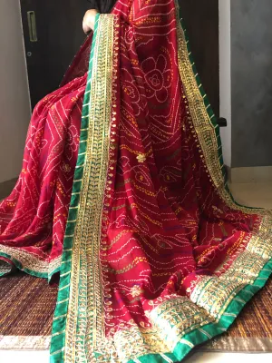 Bride Red Bandhej Gota Patti Saree for events