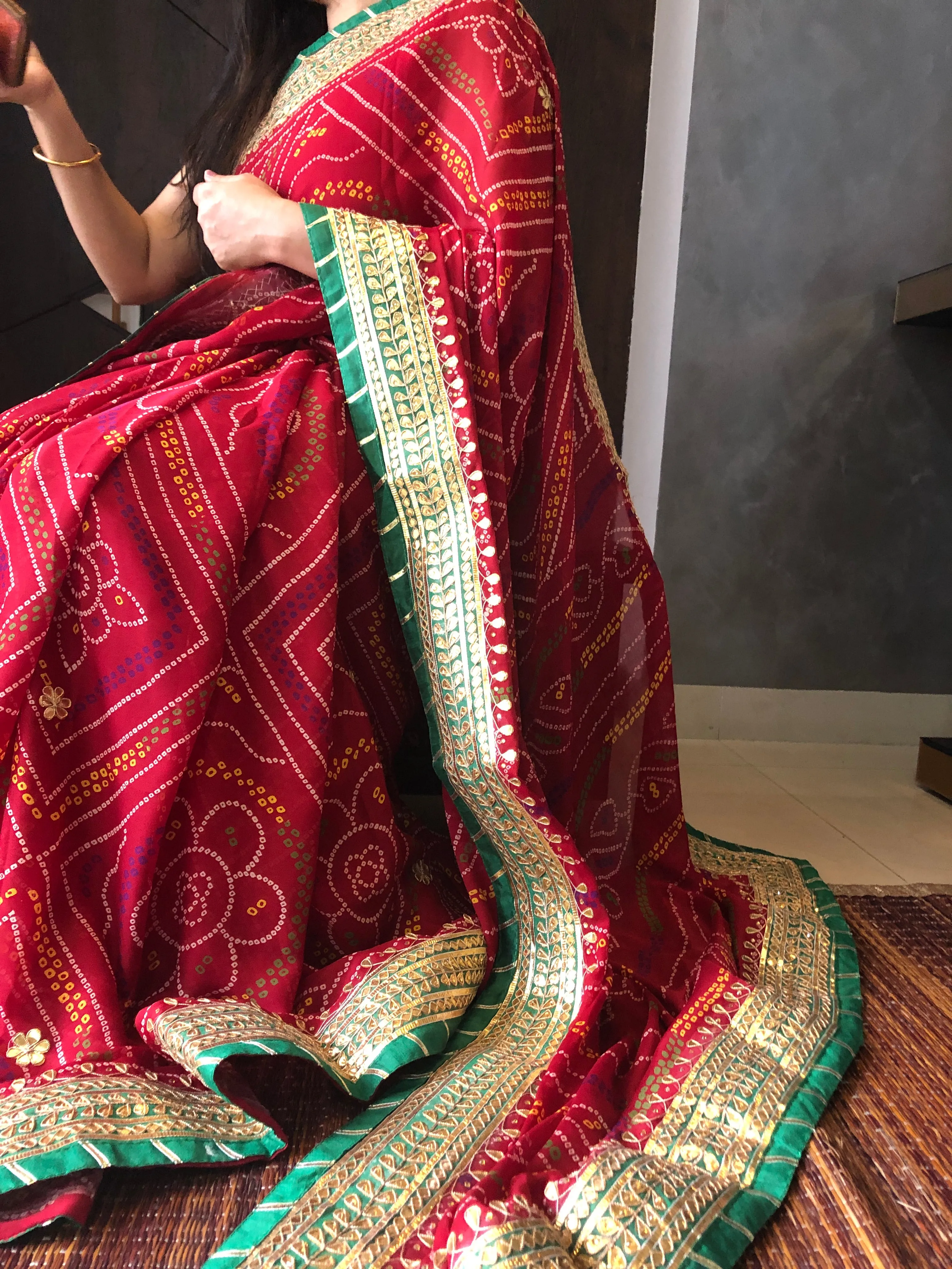 Bride Red Bandhej Gota Patti Saree for events