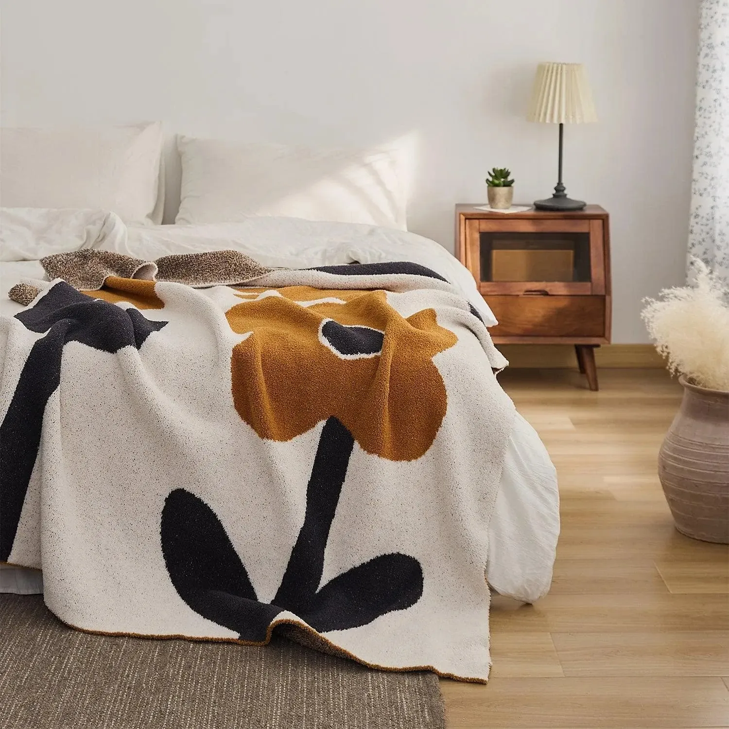 Brown Flowers Soft Microfiber Knitted Throw Blanket
