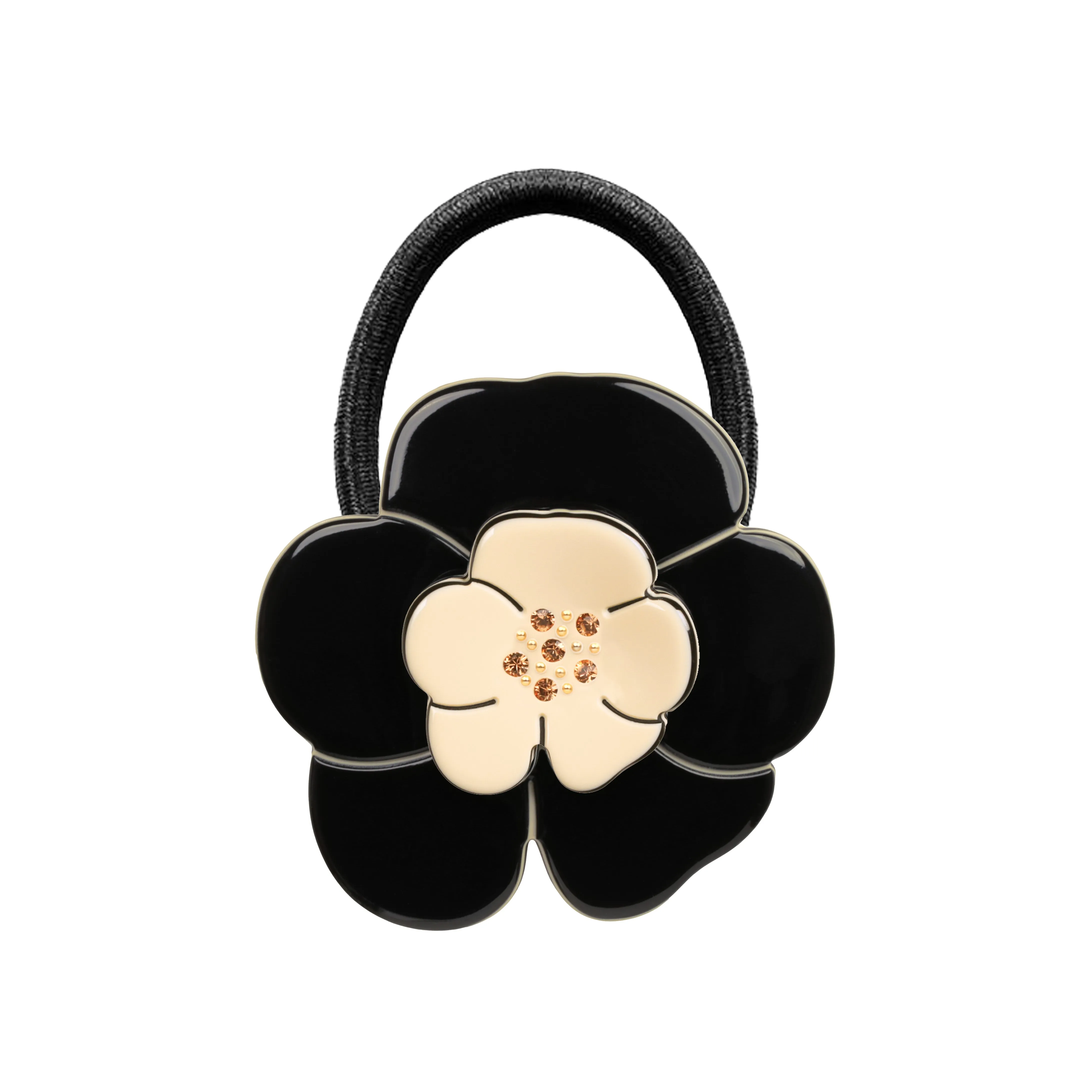 Camellia Crystal Ivory Black Hair Tie