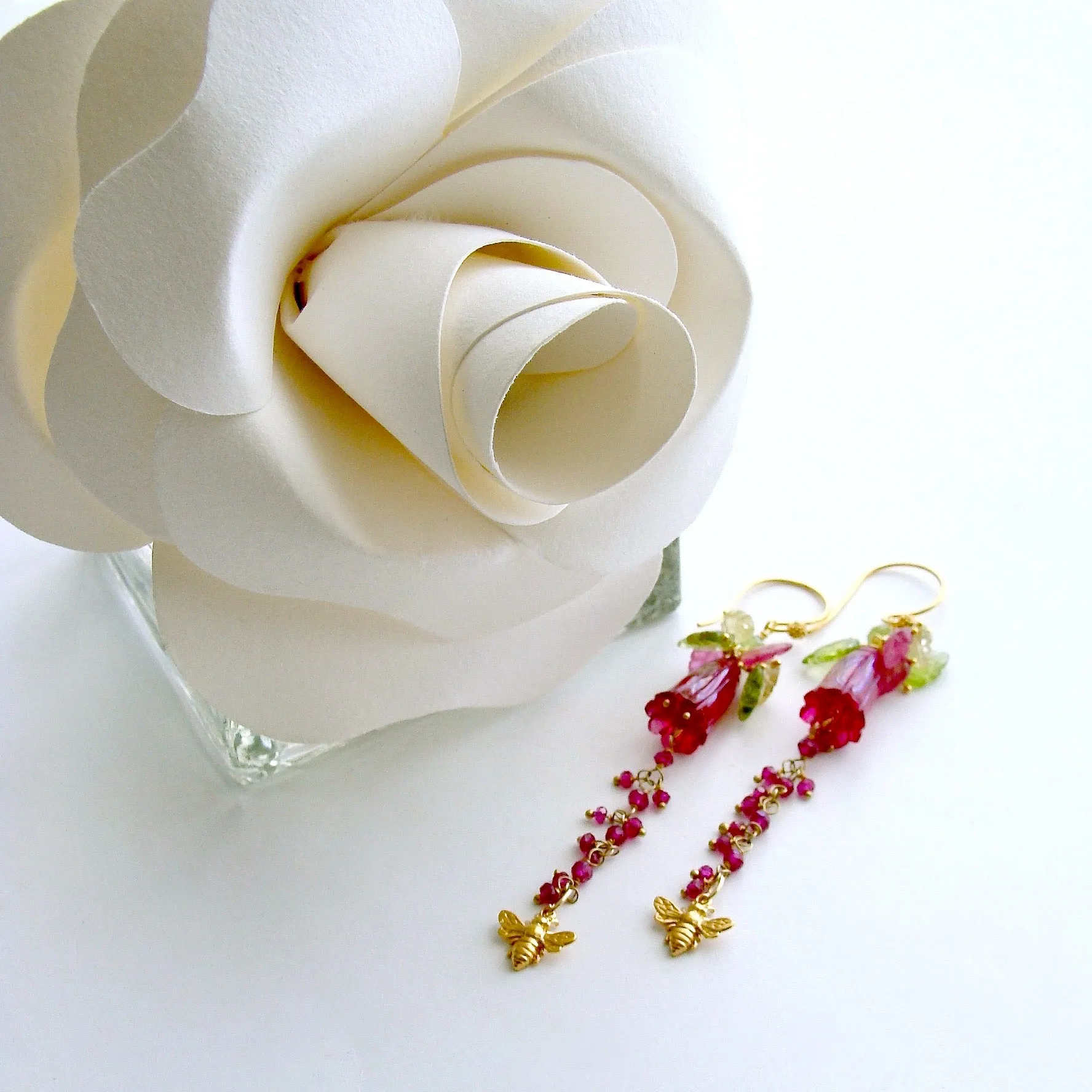 Carved Hot Pink Quartz Pink Sapphire Peridot Lemon Quartz Leaves Bee Flower Earrings - Veronica’s Garden Earrings