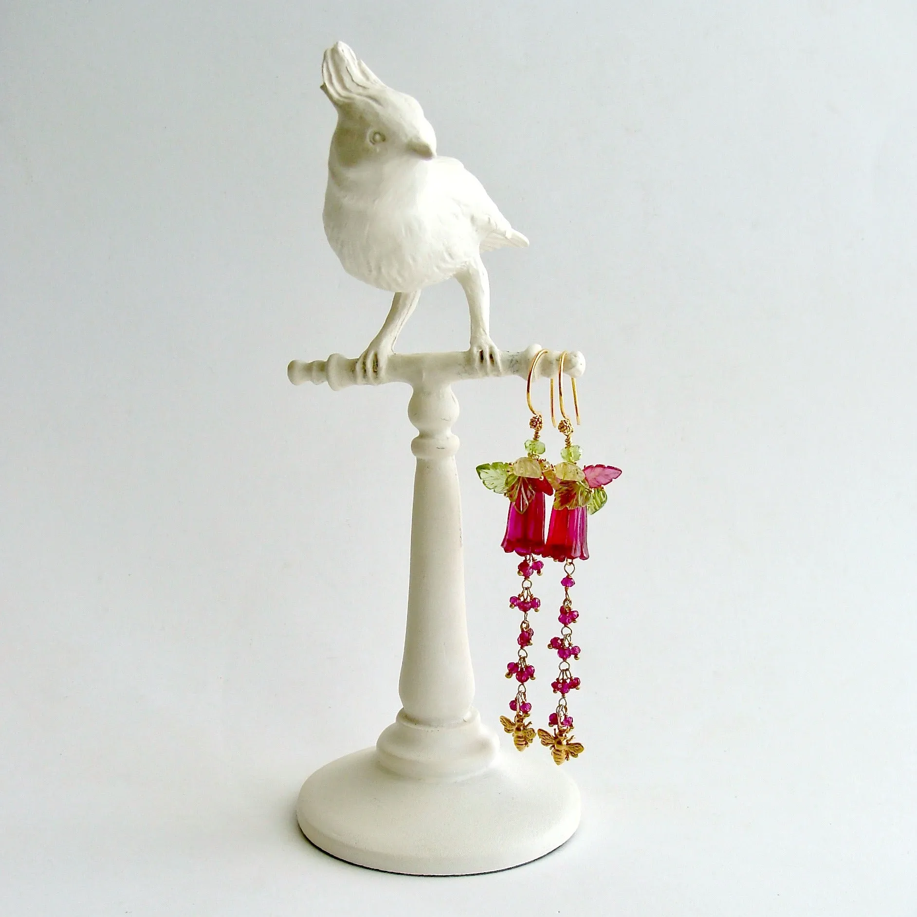 Carved Hot Pink Quartz Pink Sapphire Peridot Lemon Quartz Leaves Bee Flower Earrings - Veronica’s Garden Earrings
