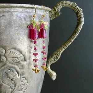 Carved Hot Pink Quartz Pink Sapphire Peridot Lemon Quartz Leaves Bee Flower Earrings - Veronica’s Garden Earrings
