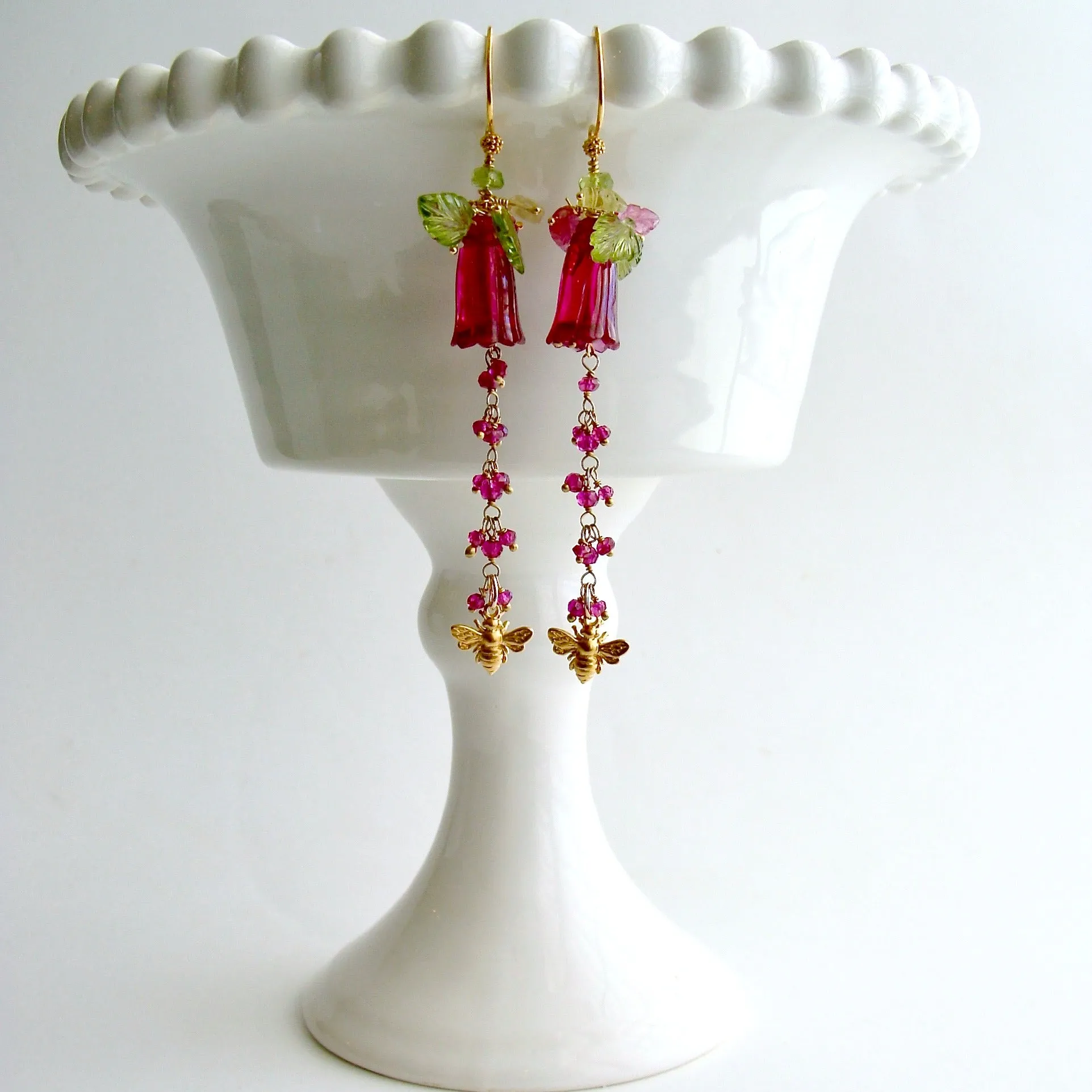 Carved Hot Pink Quartz Pink Sapphire Peridot Lemon Quartz Leaves Bee Flower Earrings - Veronica’s Garden Earrings
