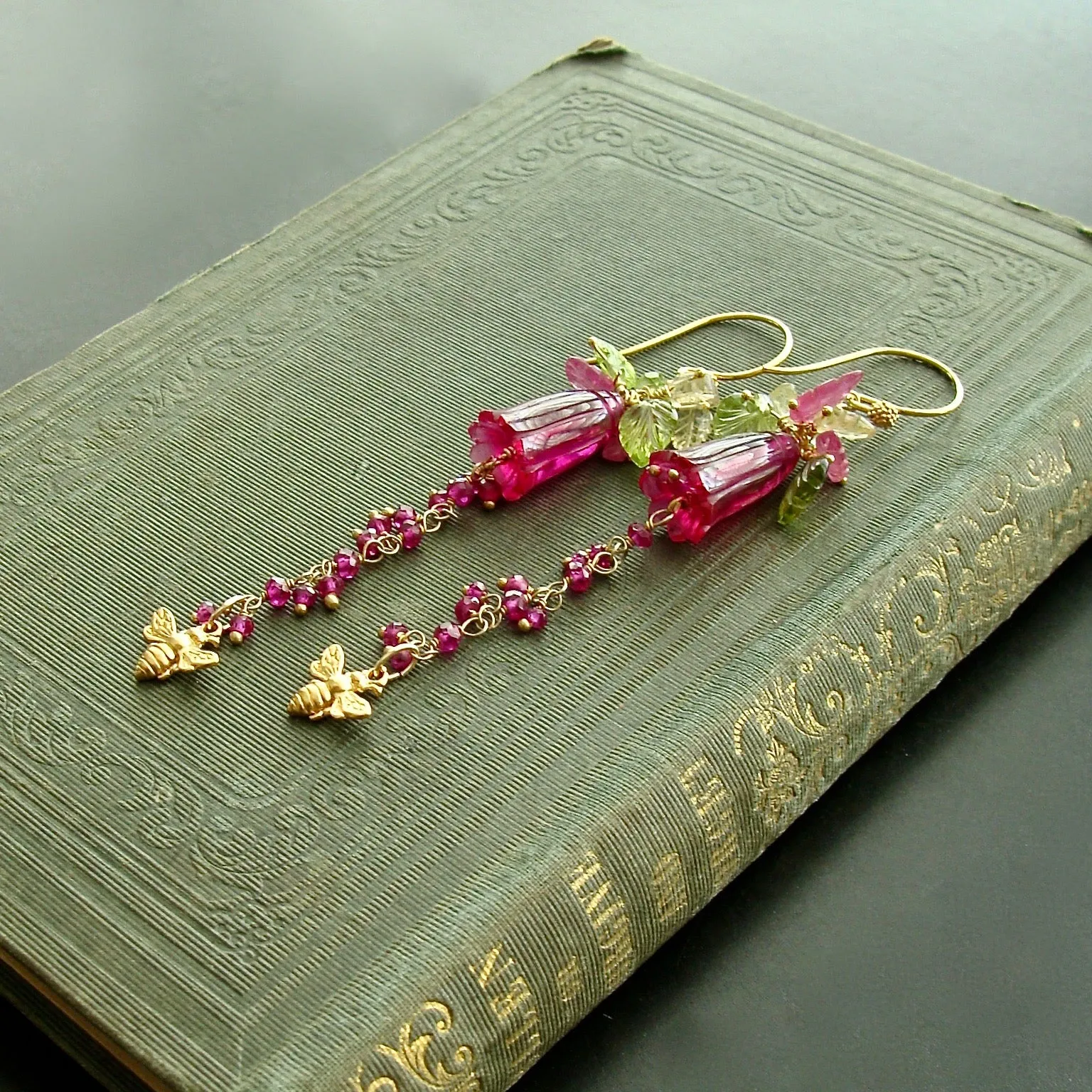 Carved Hot Pink Quartz Pink Sapphire Peridot Lemon Quartz Leaves Bee Flower Earrings - Veronica’s Garden Earrings
