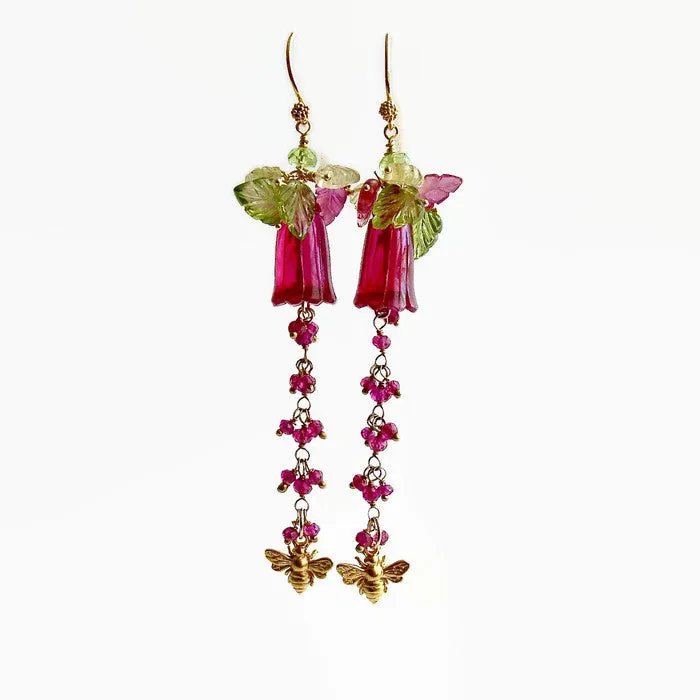 Carved Hot Pink Quartz Pink Sapphire Peridot Lemon Quartz Leaves Bee Flower Earrings - Veronica’s Garden Earrings