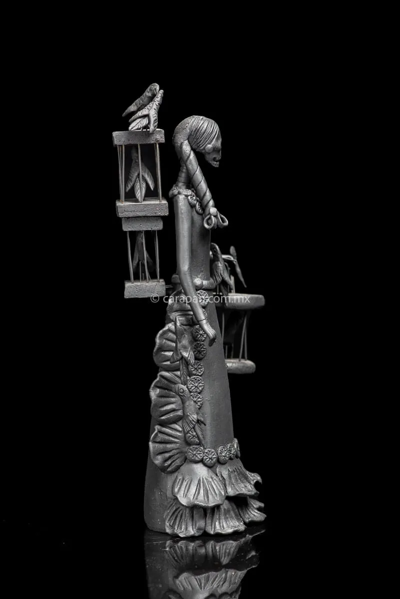 Catrina with Parrot Cages Mexican Day of the Dead sculpture