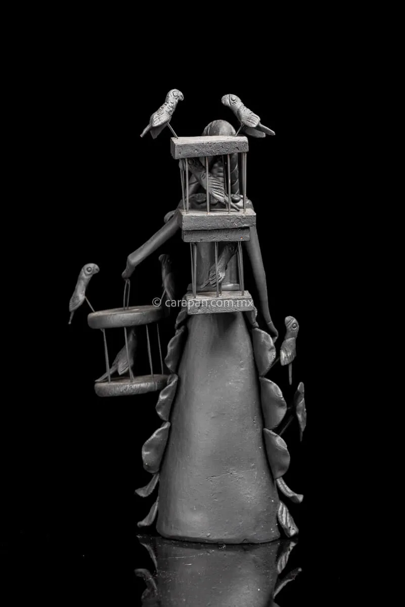 Catrina with Parrot Cages Mexican Day of the Dead sculpture