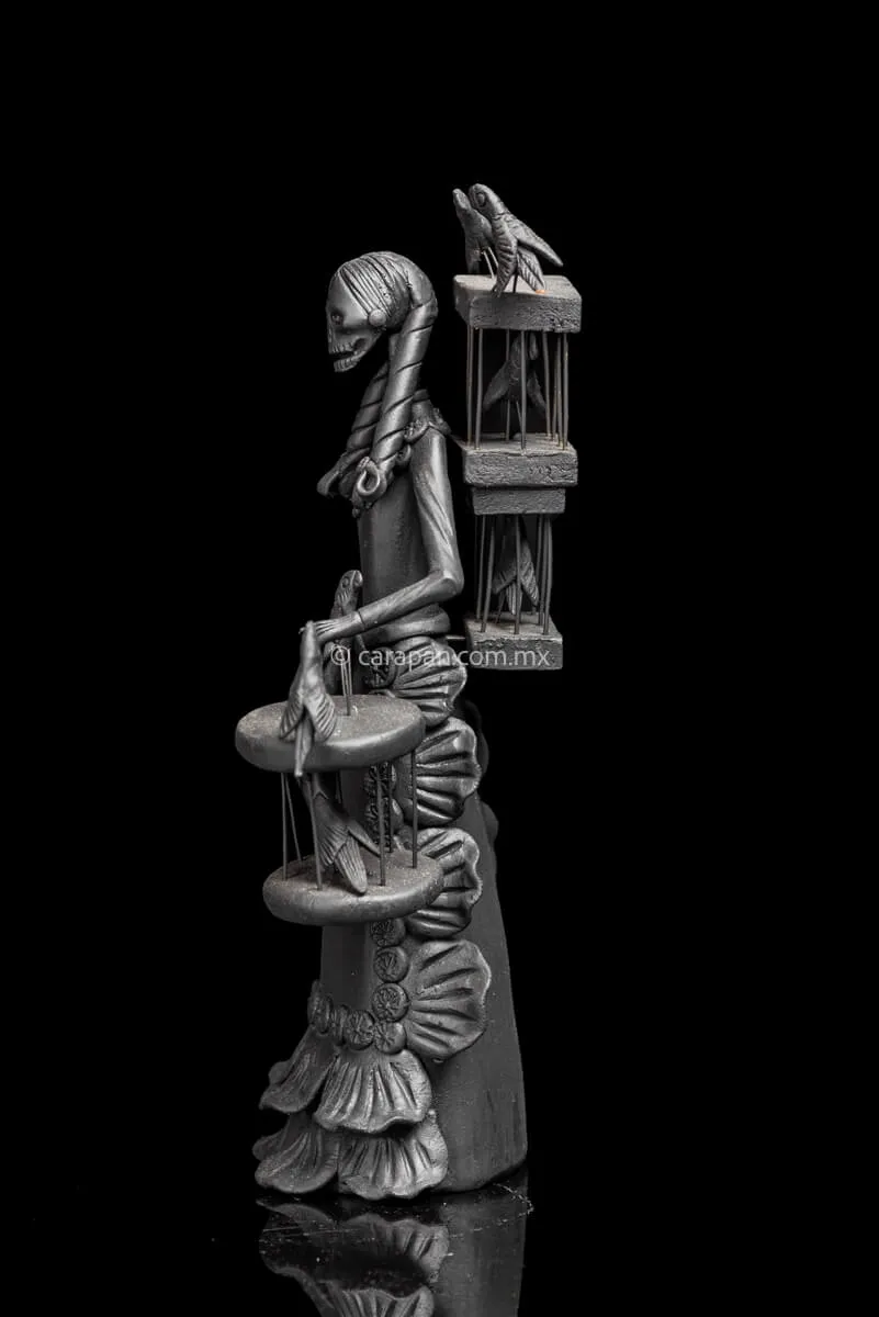 Catrina with Parrot Cages Mexican Day of the Dead sculpture