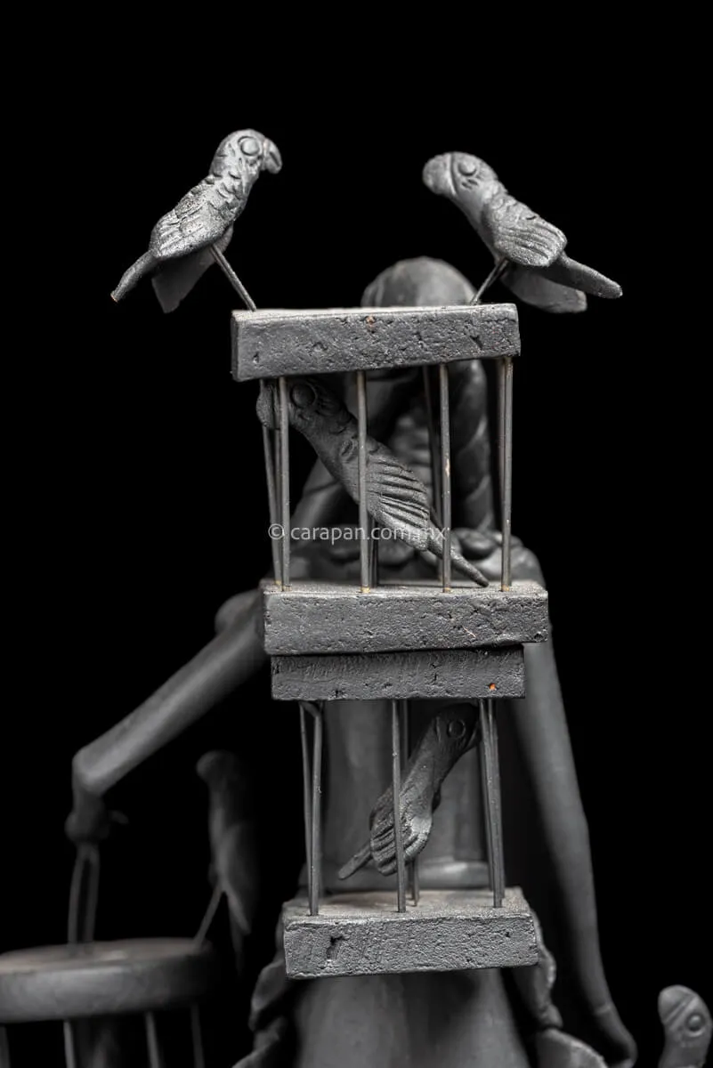 Catrina with Parrot Cages Mexican Day of the Dead sculpture