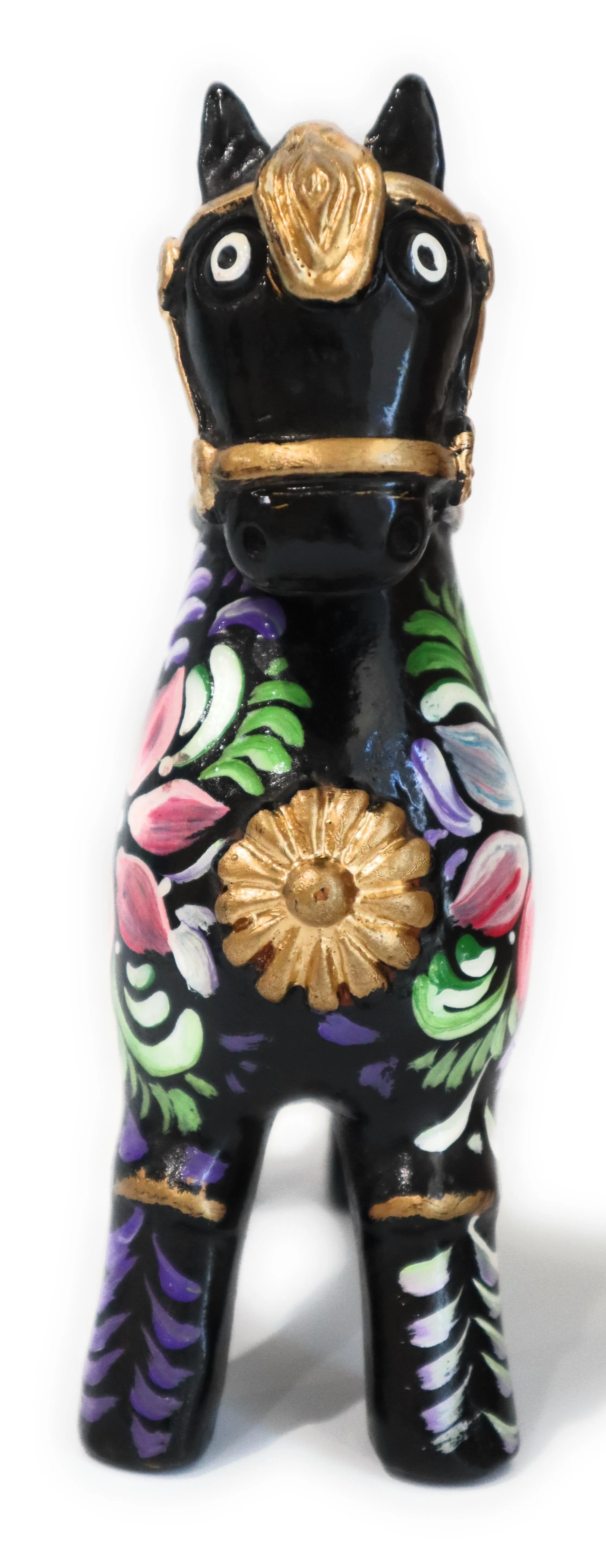 Ceramic Horse of Pucara or Caballo de Pucara Floral Embellished Black Color 7.5" Inch
