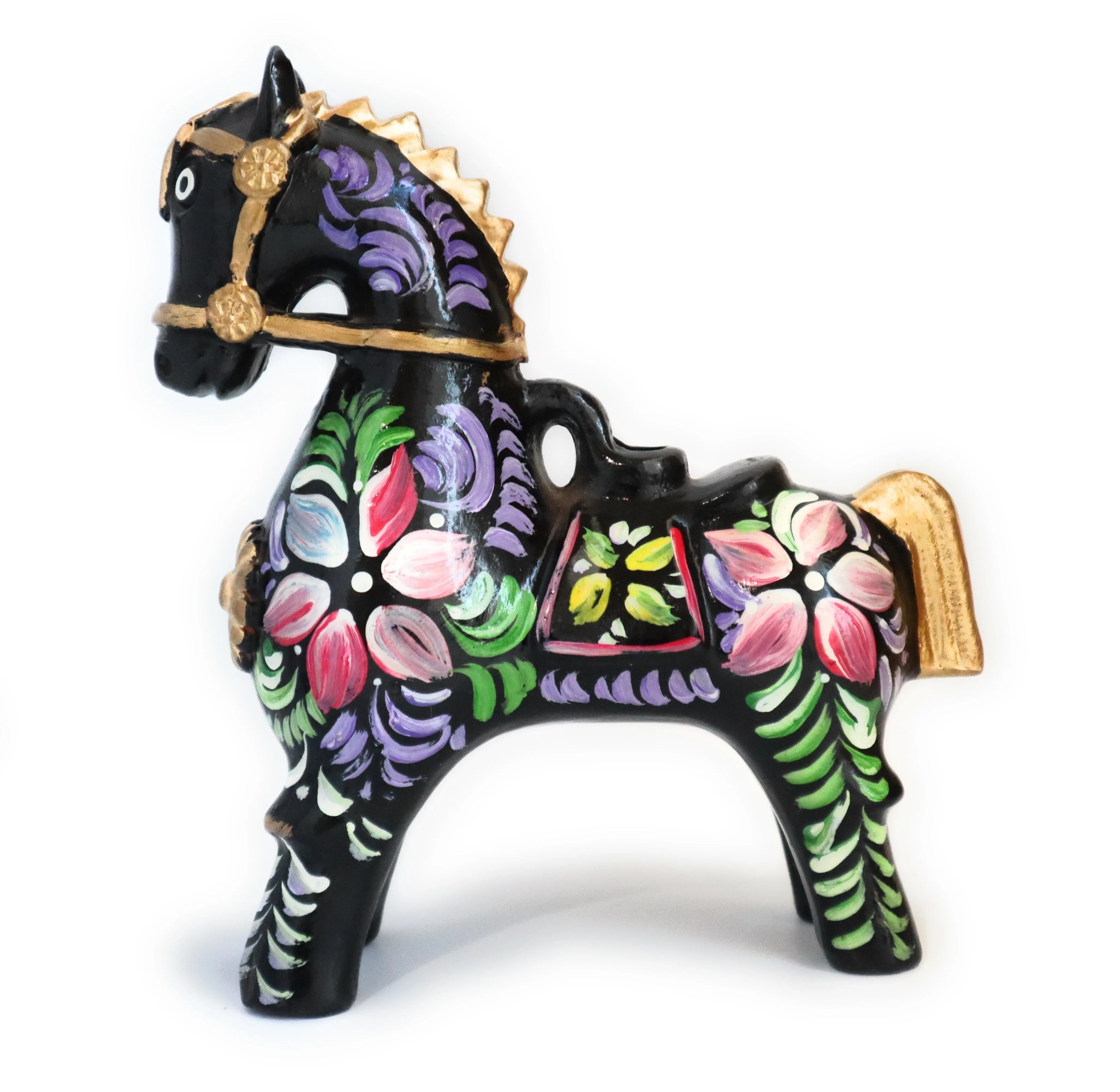Ceramic Horse of Pucara or Caballo de Pucara Floral Embellished Black Color 7.5" Inch