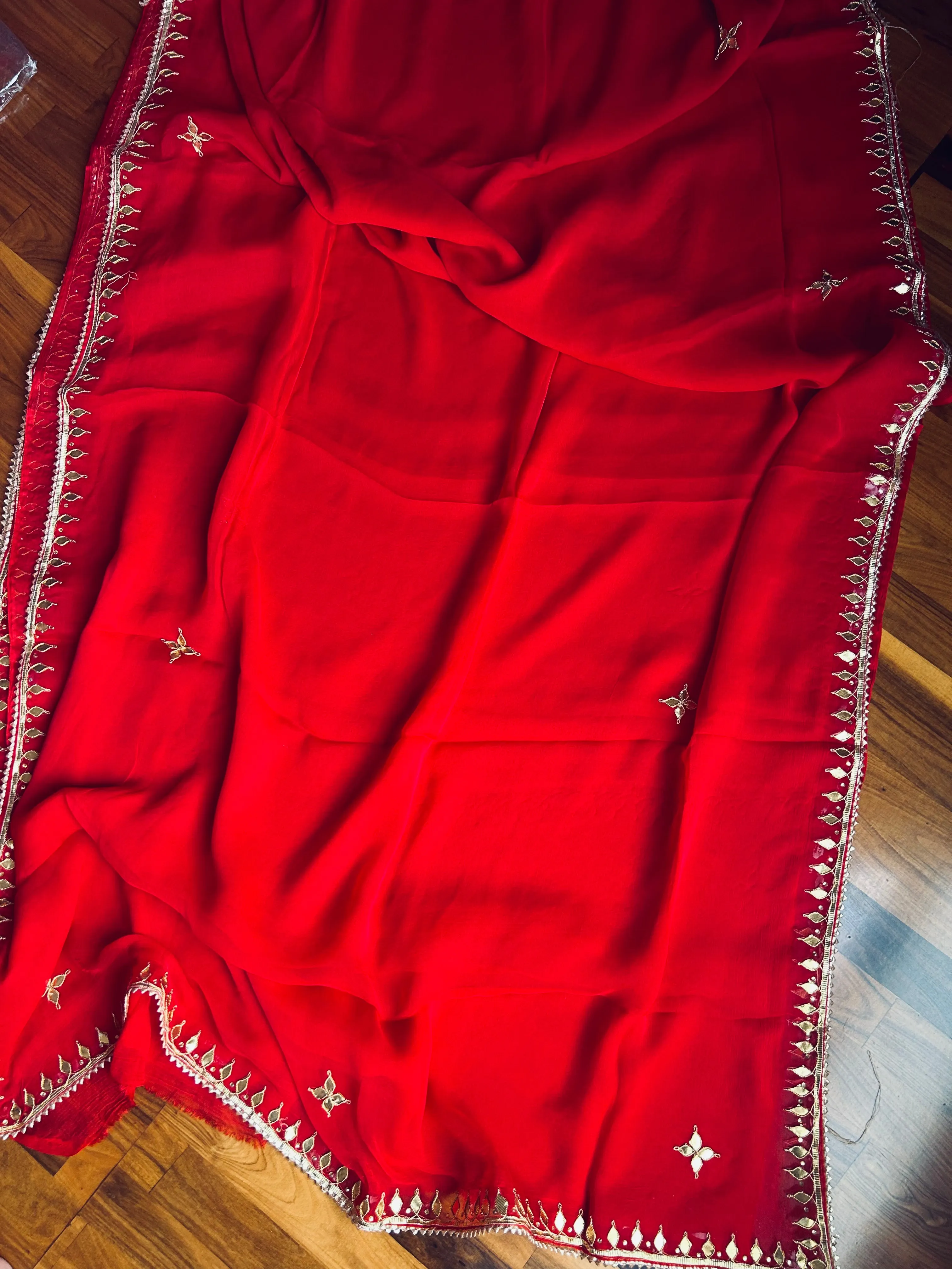 Chiffon Cherry Red Gota Patti Saree