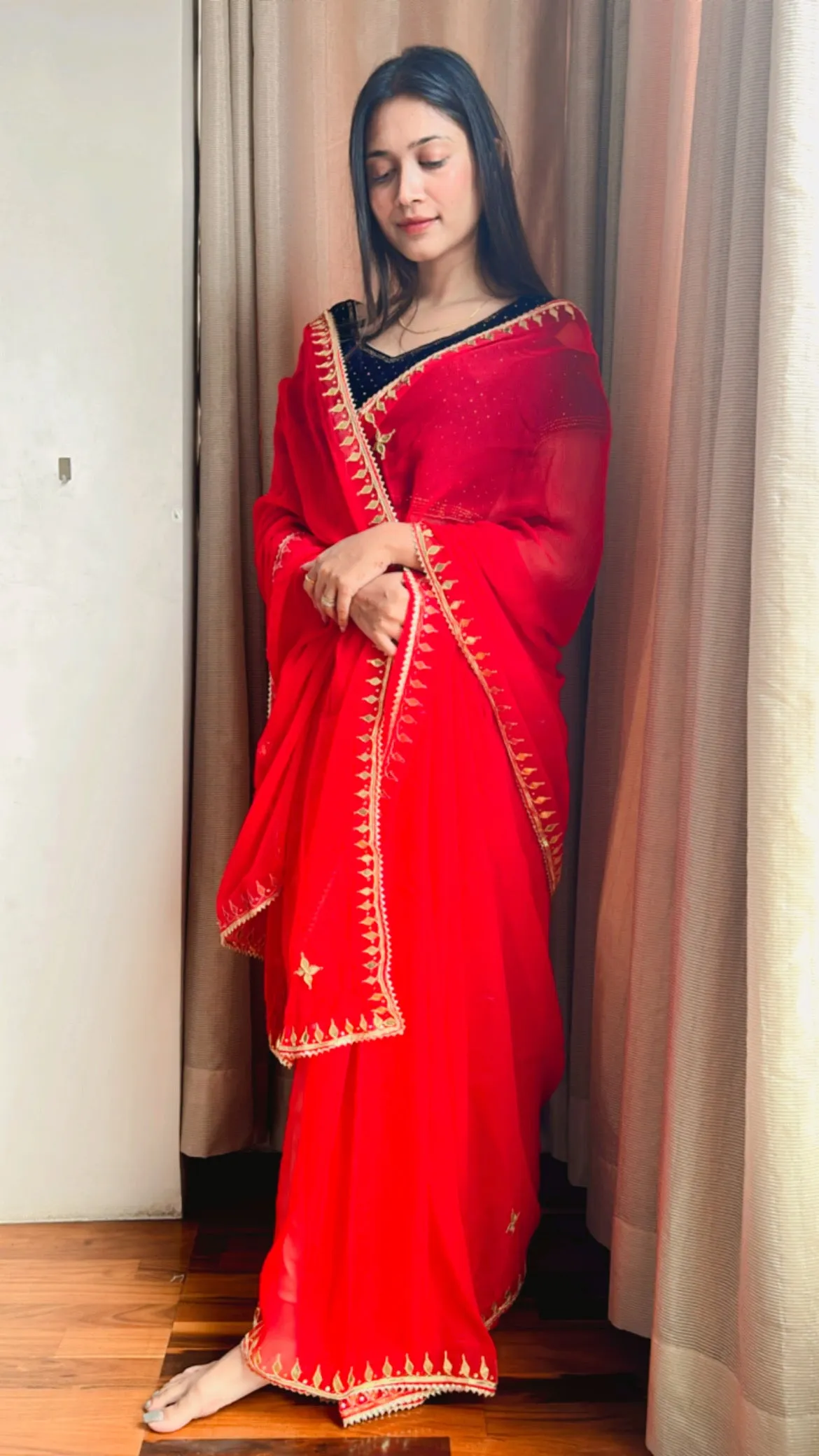 Chiffon Cherry Red Gota Patti Saree