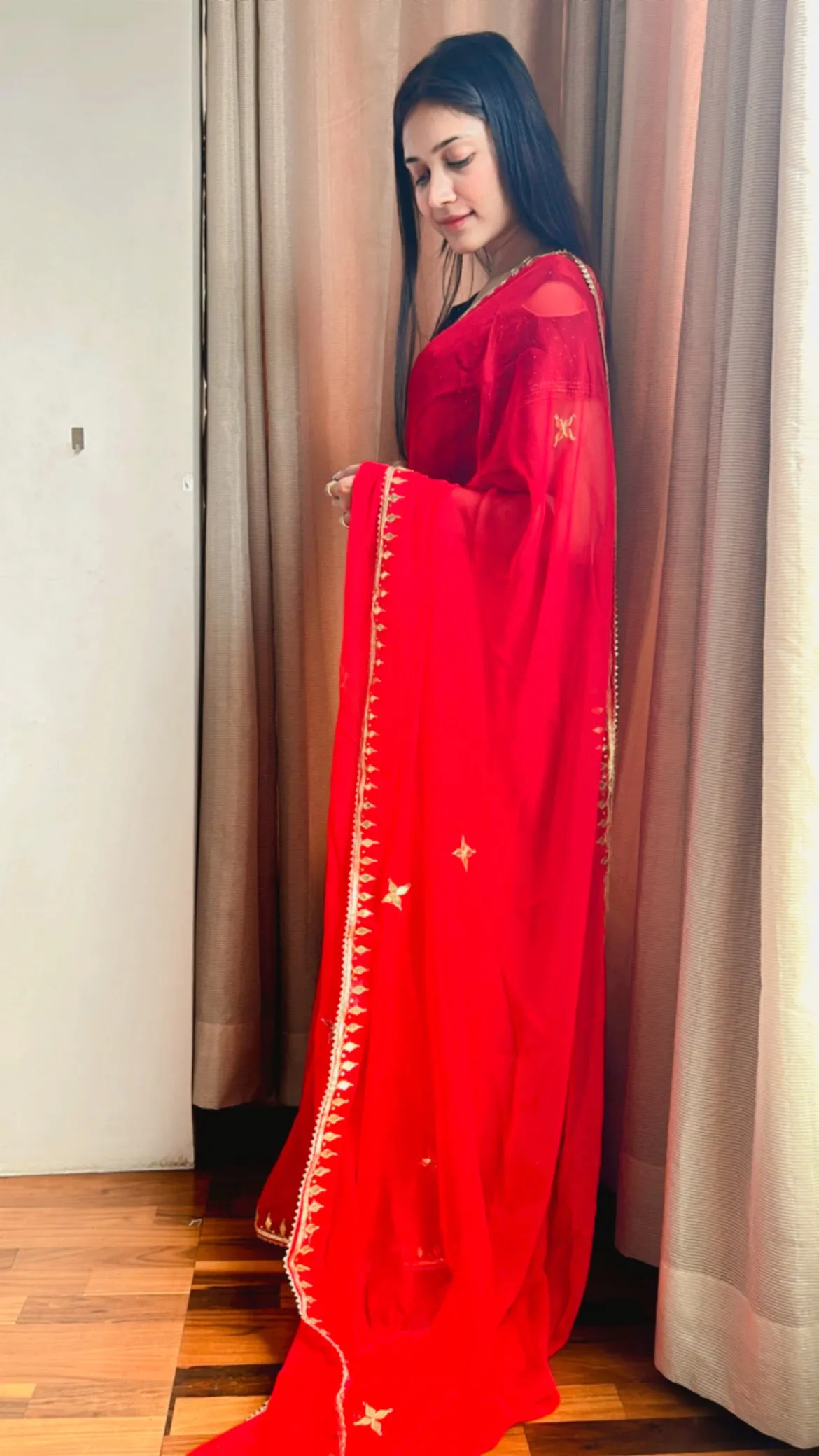 Chiffon Cherry Red Gota Patti Saree