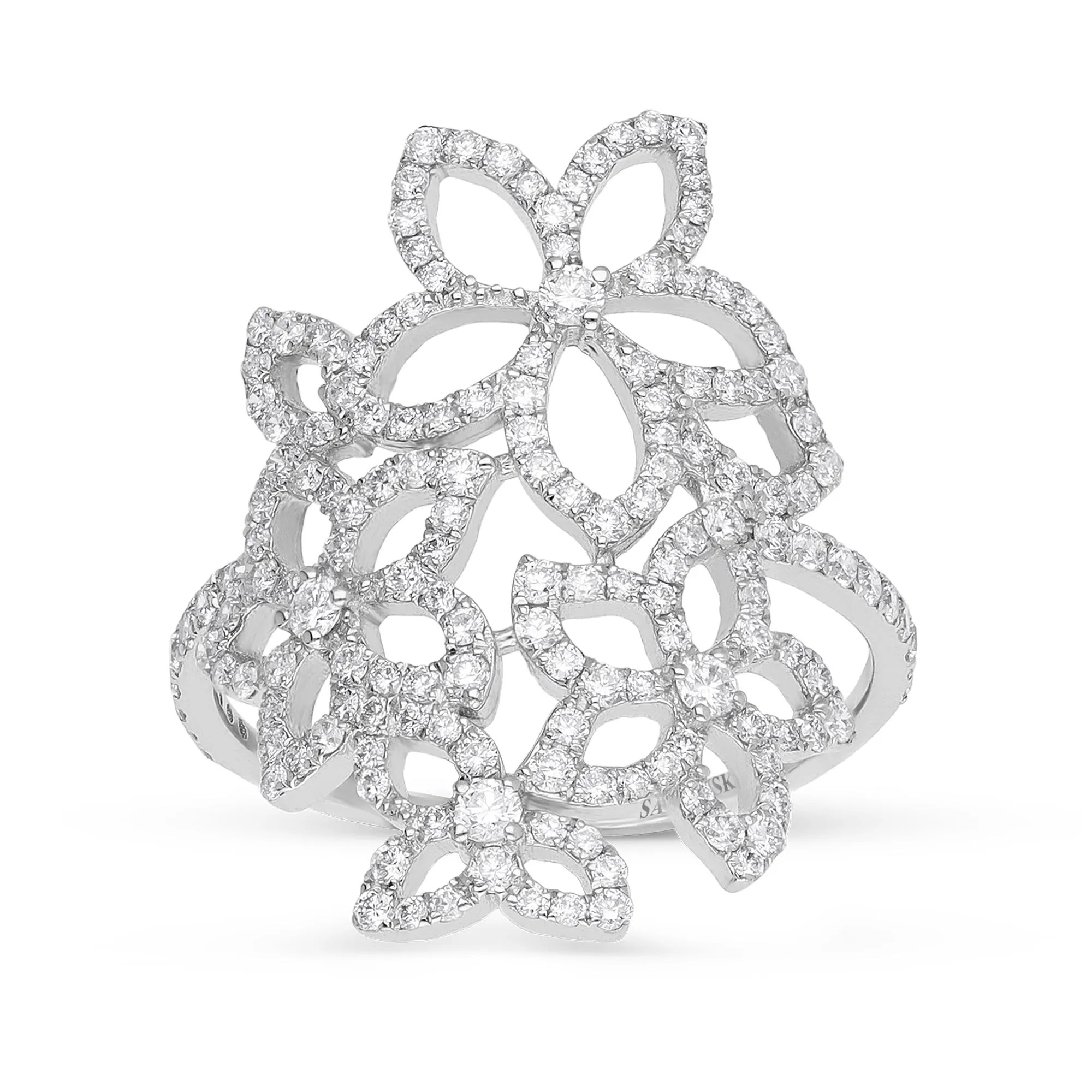 Clustered Flowers Shaped Pave Diamond Elongated Ring
